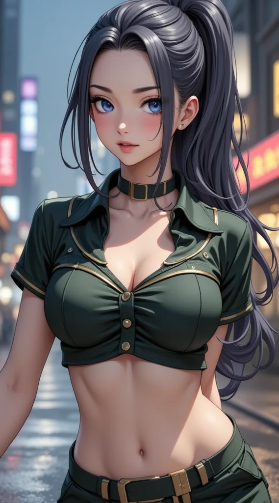 realistic human, sarashi, haori, fingerless gloves, miniskirt holgada, gloves, japanese short clothes, thighhighs, white thighhighs, pleated skirt, ponytail, chest sarashi, black gloves, hairband, cowboy shot, ribbon, wide sleeves, firm breats, medium breasts, slim build, black hairband, blue skirt, cleavage, green skirt, very lift miniskirt, long sleeves, covered navel, hair ribbon, hair ornament, Quietly smiling, WHITE BACKGROUND, , very sexy pose, hot girl, she likes to show chichis nipples, buttock and vagina, hard sex pose, random hard sex angle, golosa sexual, hetero