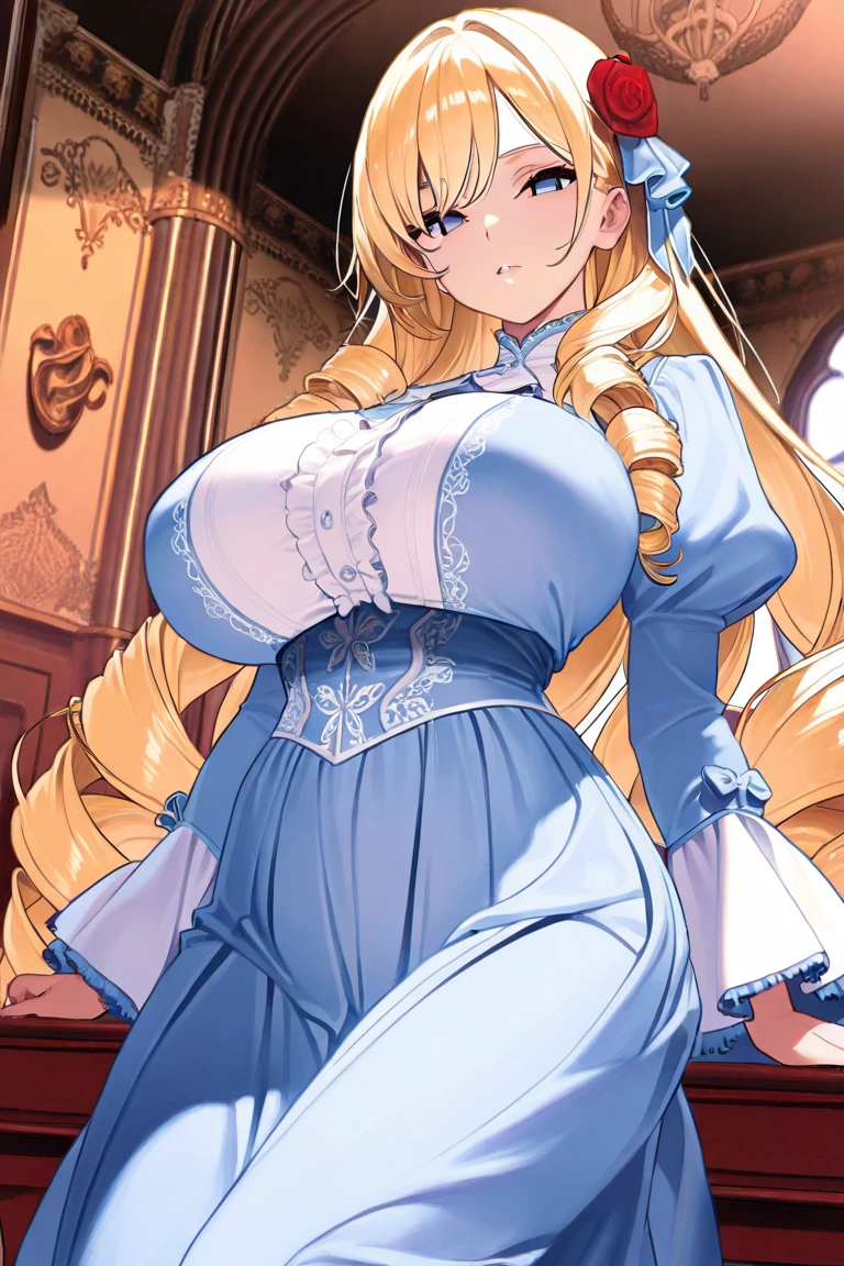 A woman with big ,Gorgeous woman,Mature,ahegao,Long blond hair,twintails,Exquisite,(((transparent))),sky blue,Off-shoulder,Cleavage,Leakage,Slim waist,pubic,Smooth legs,blush,ta,Maid coffee shop,