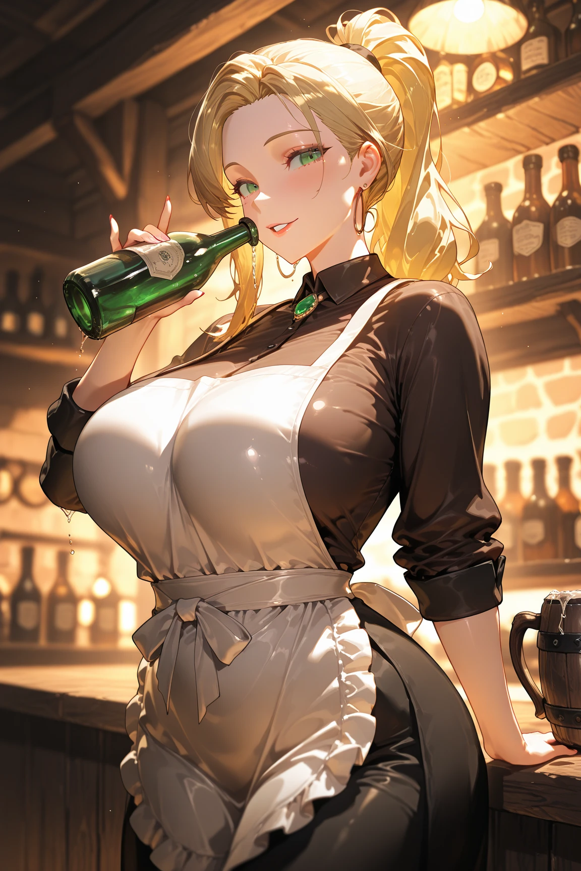 masterpiece, best quality, absurdres, perfect antomy, standing, indoors, cowboy shot, smile, 1girl ,Noel, NoelBeerGirl, german clothes, dirndl, black bowtie, puffy sleeves, detached sleeves, white waist apron, flower, hair ornament, twin braids,from above, large breasts, holding a tray with a beer on it in one hand, dark background ,A coffee shop with wooden decor, empty seats, and modern pendant lamps emitting a warm yellow glow ,
<lora:shiroganeNoel_v10:0.6>