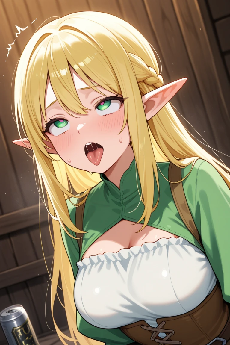 (masterpiece, best quality, ultra-detailed, high resolution, detailed eyes), nsfw, {vulgar}, takeda hiromitsu style, (1woman), elf woman, {{{40 years old}}}, long straight hair, blonde hair, green clothes, curvy body, pov, penis, licking penis, tears, (blushing:1.3), (open mouth:1.4), (tongue out:1.4), (drool:1.4), (orgasm:1.3), (breath:1.3), (in heat)
