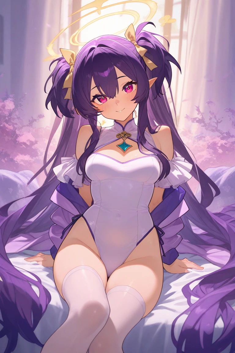 1girl, from below, sitting, lotus position, meditating, red gem on forehead, natural breasts, long hair, purple hair, closed eyes, purple bikini, golden bracelet, golden necklace, seafloor, masterpiece quality, ultra HD, 4K, best quality,