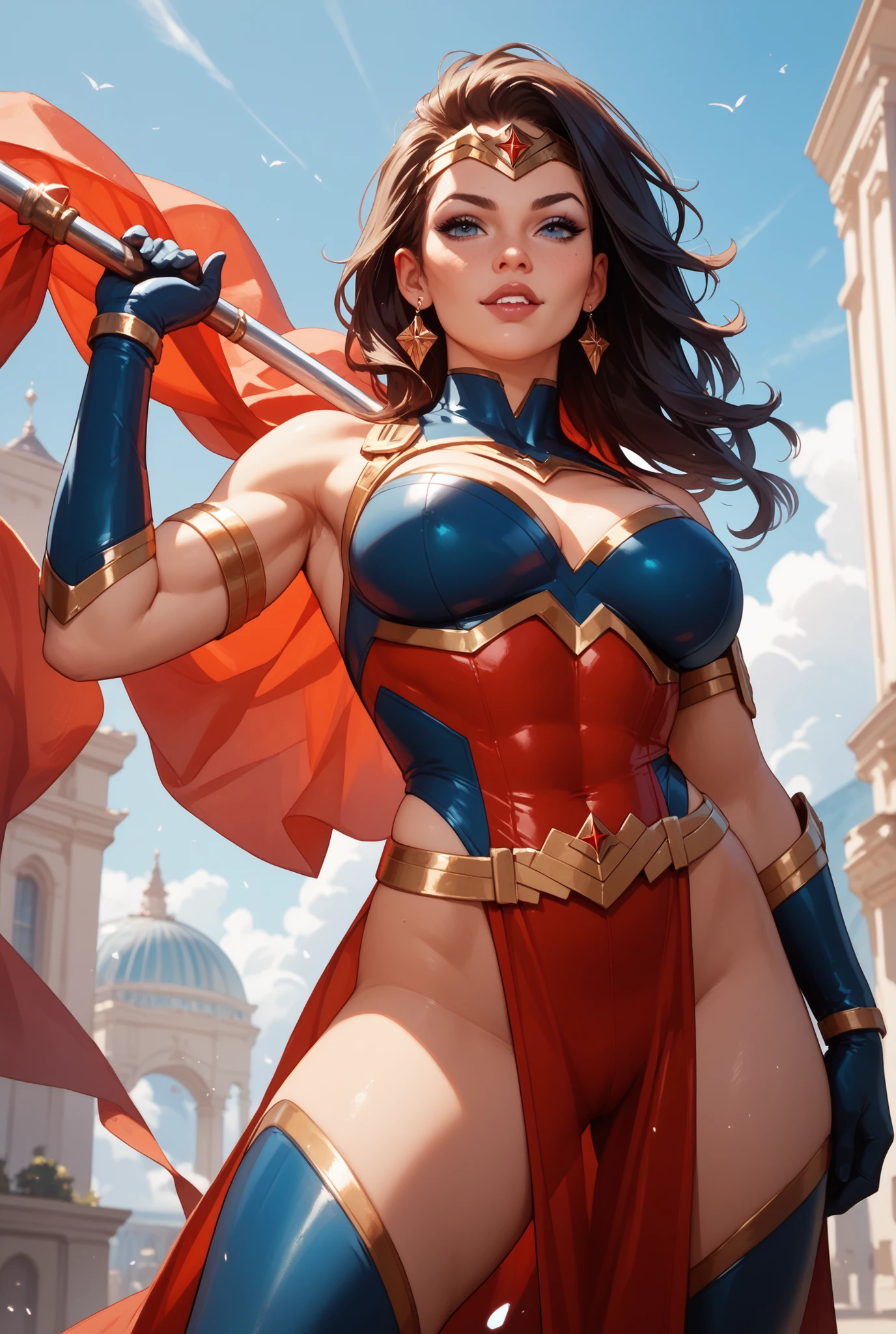 (best quality,4k,8k,highres,masterpiece:1.2),ultra-detailed,(realistic,photorealistic,photo-realistic:1.37),Sexy Italian super heroine,beautiful detailed eyes,beautiful detailed lips,extremely detailed eyes and face,longeyelashes,fit and athletic body,confident and charismatic appearance,Italian flag inspired costume,striking red and green color scheme,leather texture,shiny metallic elements,swooshing cape in motion,dynamic action pose,fierce and determined expression,cityscape background with iconic landmarks of Italy,sunlit golden hour lighting,contrasting shadows and highlights,dramatic atmospheric perspective,comic book style art with vibrant color gradation,marvelous dynamic linework,stylish and chic fashion influences,romantic and passionate vibe,charming and captivating composition,rich and vivid color palette,attention-grabbing visual impact,remarkable attention to detail,exquisite artistry and craftsmanship. (Ancient Roman theme)