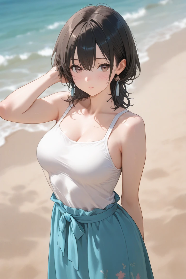 masterpiece, high quality,(thick body,mature face),colored hair, (20 years old woman in a tanktop,short pants,in the water on a beach),(thick body),alluring pose,(perfect fingers,perfeclegs,perfect hands),, dark eyes, beautiful and detailed eyes, (real skin), beautiful skin, attractive, golden ratio,detailed background, sex,1girl,front shot