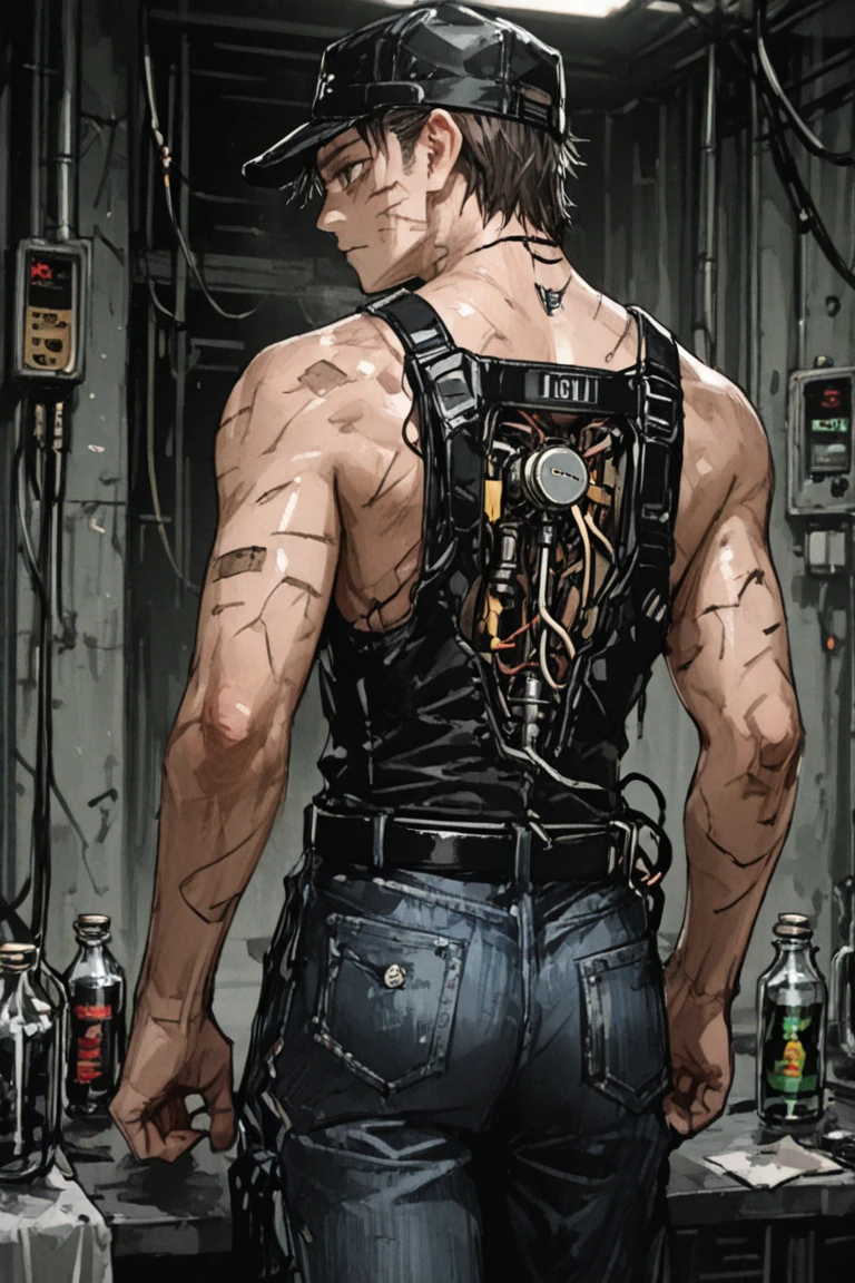 bald young man with black beard and very thin, jeans and black t-shirt, robotic arms, robotic parts, plugged into machinery, recharging, (art inspired by Bill Sienkiewicz). oil painting)