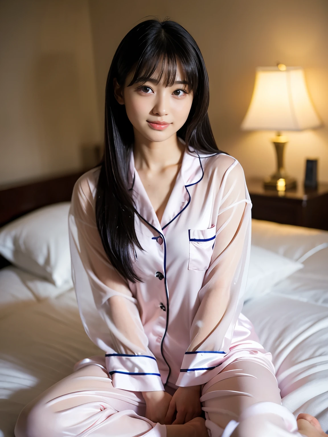(8K、Raw photography、top-quality、masterpiece:1.2)、(realisitic、Photorealsitic:1.37)、ultra-detailliert、超A high resolution、1 fair-skinned girl、see the beholder、beautifull detailed face、floated hair、profetional lighting、a bed、Sit up、((Pajamas in bright colors))