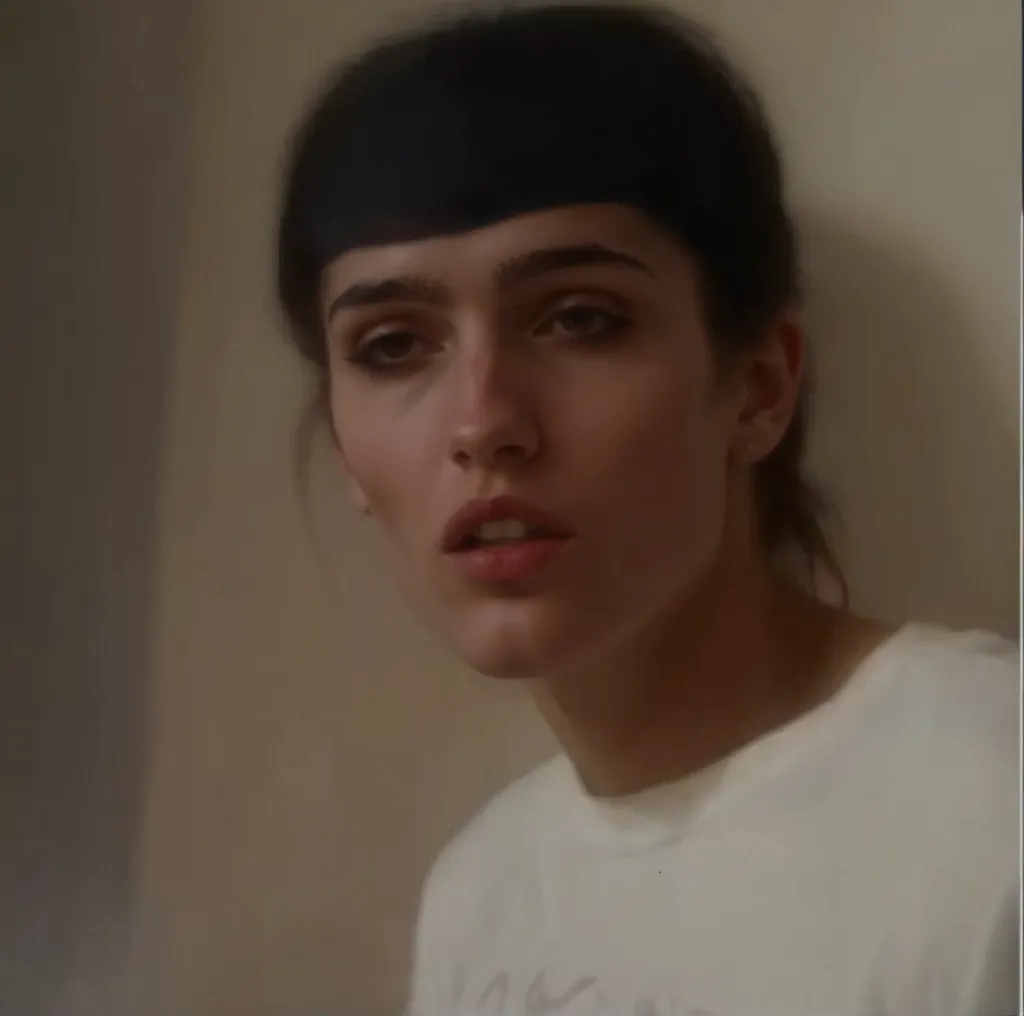 <lora:eva_green-04:1> a woman 3v4gr33n,upper body, wearing a t-shirt