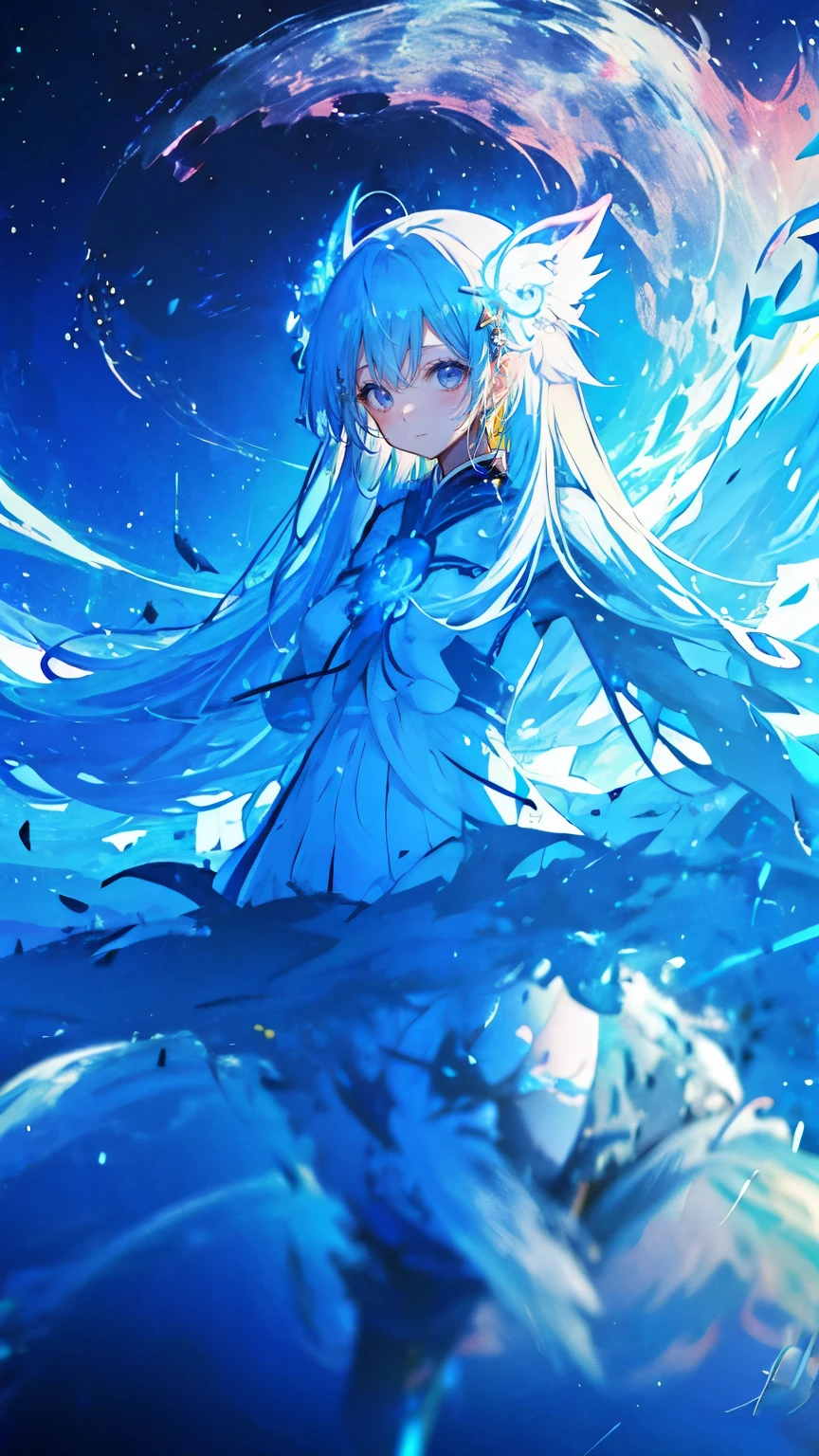 (high resolution, Practical, 4K, Extremely detailed, masterpiece:1.2),1 hermaphrodite girl, Spirit, Unisex, Shining blue eyes, Medium-long blue hair, shoulder-length, White Dress, clothes, floating dress, Fleeting, Transparent girl, nihilistic, expressionless, poker face, Dynamic poses, phosphorescence, Magic Aura, Light Particles, Late Night, Blue Moon, moonlight, and Silent, Mysterious background, Dramatic Lighting, Magical atmosphere, Bright colors, Charming beauty