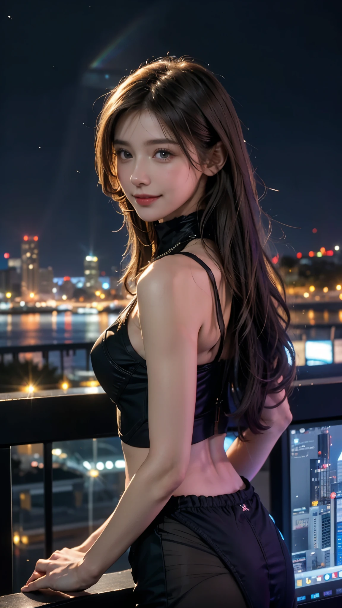 8K, muste piece, Raw photo, best quality, It's photorealistic, Highly detailed CG unity 8k wallpaper, Depth of the bounds written, cinematic light, Lens flare, ray trace, (extremely beautiful face, beautiful lips, beautiful eyes), intricate detail face, ((Super detailed skin)) 1 girl, in the darkness, deep shadow, cute korean girl, Kpop idol, 1 baby girl, (very slim and slender fit muscular body:1.3), ((Looking at Viewer)),(a big smile:1.3), (midnight, dark night, (neon sign), (background is blurred), dim light), (no people in the background:1.3), beautiful earrings, bracelet, necklace, Panty stocking, make eyes clear, walking , front shot, (pale skin), (big eye ace forward, (full body shot), (brown hair), open navel, (Looking at Viewer:1.3), very slim, medium chest, (camel's toe), thick thighs, turn back, (fluttering mini dress), (((A cute black dress with a rose flower pattern that lifts the hem with one hand.))), (tight skirt), ((backtracking, back shot)), ((Ultra Short Ultra Mini Skirt)), ((exposed buttocks)), upper shot,((split sitting)),