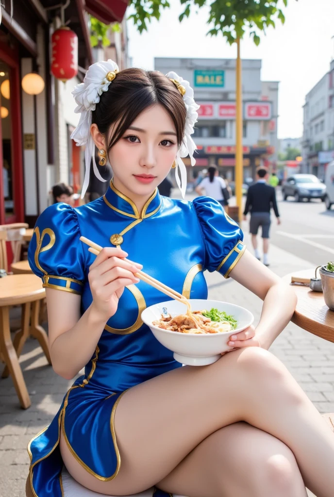1girl, Chun li a little chubby, cute smiling, huge eyes, (a bit curvy, small breasts, round ass, (short sized torso), medium mouth, very thick lips, almond-shaped eyes, chestnut hair, Gorgeous body, Beautiful large head and very symmetrical face, sitting on a bench, she's holding a bowl, eating noodles, in an old Chinese street, there's an old bicycle against the wall. Very detailed and intricate environment, Very detailed clothing, street fighter, brown eyes, blue dress, ((pelvic curtain), (brown pantyhose), china dress), white cross-laced boots, bracelet, gold trim, jewelry, puffy sleeves, sash, short sleeves, side slit, spiked bracelet, spikes, double bun, hair accessories, Anime realism, cleavage, large nose, tan skin