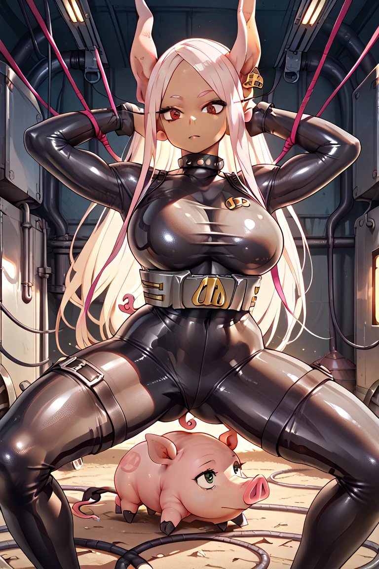 1girl, solo, yamato, orange eyes, big eye, big smile, childish smile, long hair, multicolored hair, aqua hair, white hair, two-tone hair, high ponytail, horns, multicolored horns, hair ornament, bare feets, zipper, bondage, shibari, rope bondage, LatexConcept, bodysuit, skin tight, latex, black bodysuit, shiny clothes, shiny, covered navel, muscolar body, standing, perfect body, huge breast, massive brest, big ass, busty, muscolar hips, athletic body, big muscolar abs, nabel, muscolar legs, athletic ass, Ultra Quality, Masterpiece, Ethereal,Ultra-Detailed,8K, breathtaking beauty, vivid colors reflects, full body picture, ass focus