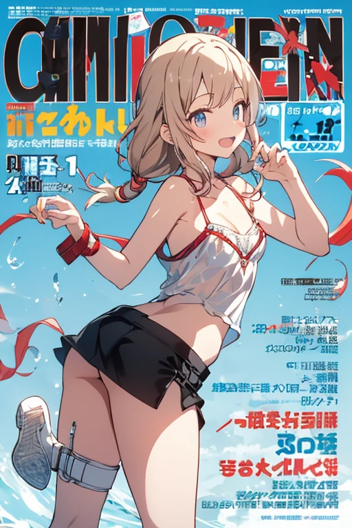 (small breasts:1.2), (perky chest:1.2), (pointed chest:1.2), (Pudding cake magazine cover:1.3),(from above:1.0),(shoot from the side:1.1),masterpiece, 1girl, Amazing Cleavage:1.1, thin waist, optimum,tmasterpiece,hight resolution,best qualtiy,hyper HD,super detailing,awardwinning,a 18yo cute girl,(The upper part of the body),??????? correct,Beautiful Black miniskirt,garters,Gaze,Small face,bangss,holster,Beautuful Women,hands up,leg holster,Gaze,black boots,Cowboy Shot,cute face,a blond,Longhaire,Twin-tailed,Braids, Hairline,（scarlet eyes）,long eyelasher,Hanging eye corners,White skin of the, ((see through camisole:1.1)), ((Sheer nipples:1.0)),Rocket Tits,(Slim body),smile,seductive weak smiling,(with sparkling eyes and a contagious smile),little open mouth, Looking at Viewer, 