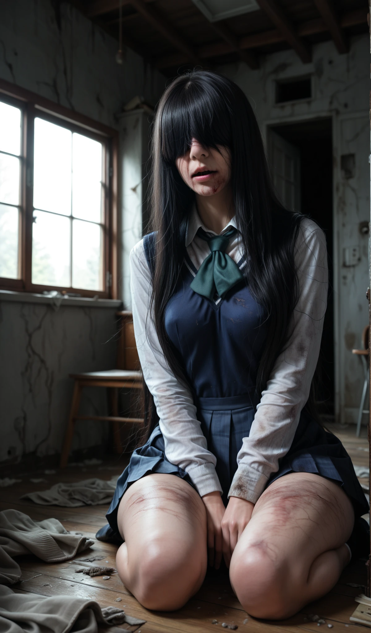 (( beatiful goth girl:1.3)) ((school uniforms:1.4)) ((panty shot:1.5)) ((high school)),((dark red skirt:1.3)) ((in the class room:1.3)) ((thin_fabric:1.4)) (sexy sitting on a bench)) ((sweaty:1.5))((face is flushed:1.4)) ((close-up:1.2)) best quality,masterpiece,ultra high res,(photorealistic:1.4),raw photo,(Authentic skin texture:1.3),(film grain:1.3),panorama,character portrait,very wide shot,narrow waist,cowboy shot,(in the dark, deep shadow, low key, cold light,) night,(()),streaming tears,,dust,Tyndall effect,(expression),1girl,