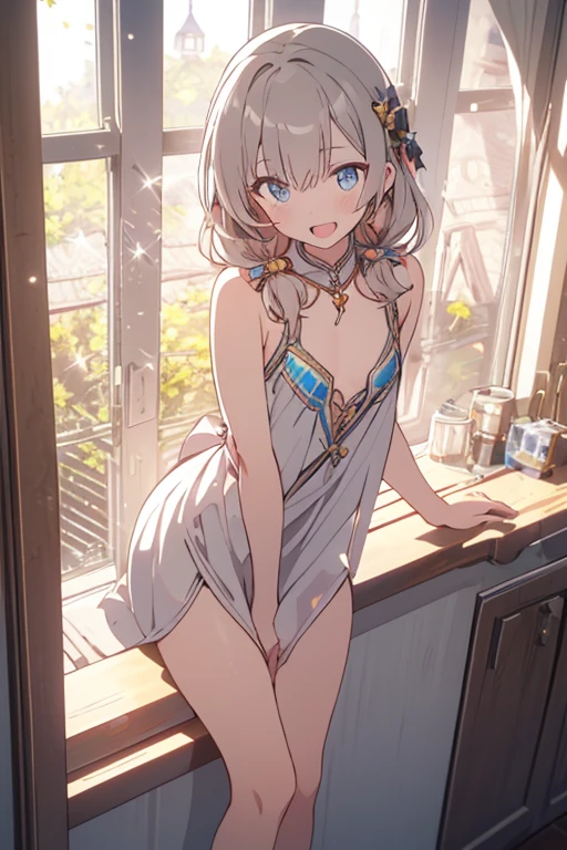 (from above:1.2),(from side:0.9),(A masterpiece of image quality in 8K),(Beautiful Allafed Woman),(((emphasizing breasts:1.1))),(Dynamic angles),(Dynamic and sexy bending pose:1.3),(sit a chair:1.1),(Short hair in shiny silver and orange inner colors,small full breasts,Disturbance of clothing due to movement,breast slip,(Ponytail twisted buns adorned with elaborate braids and beads,Braided Setup Fishbone Hair,),(see-through bangs),(perky chest:1.1), (pointed chest:1.3), small breasts、(((A white lace apron that shows your bare skin from under your small breasts)))、Blush with embarrassment、Enraptured eyes、A smile that beguiles the viewer、(Look back:1.7)、Look into the photographer,skin glistening with sweat,gazing at viewer,,(Professional Lighting),(8K,masutepiece,top-quality,Ultra-high resolution output image,),(Ultra HD with complex detail image modes),depth of fields,Beautiful hands,Beautiful fingers,Detailed finger features,(Detailed hair features:1.7),detailed facial features,detailed clothes features, (perky chest:1.1), (pointed chest:1.3), seductive weak smiling,(with sparkling eyes and a contagious smile),little open mouth,