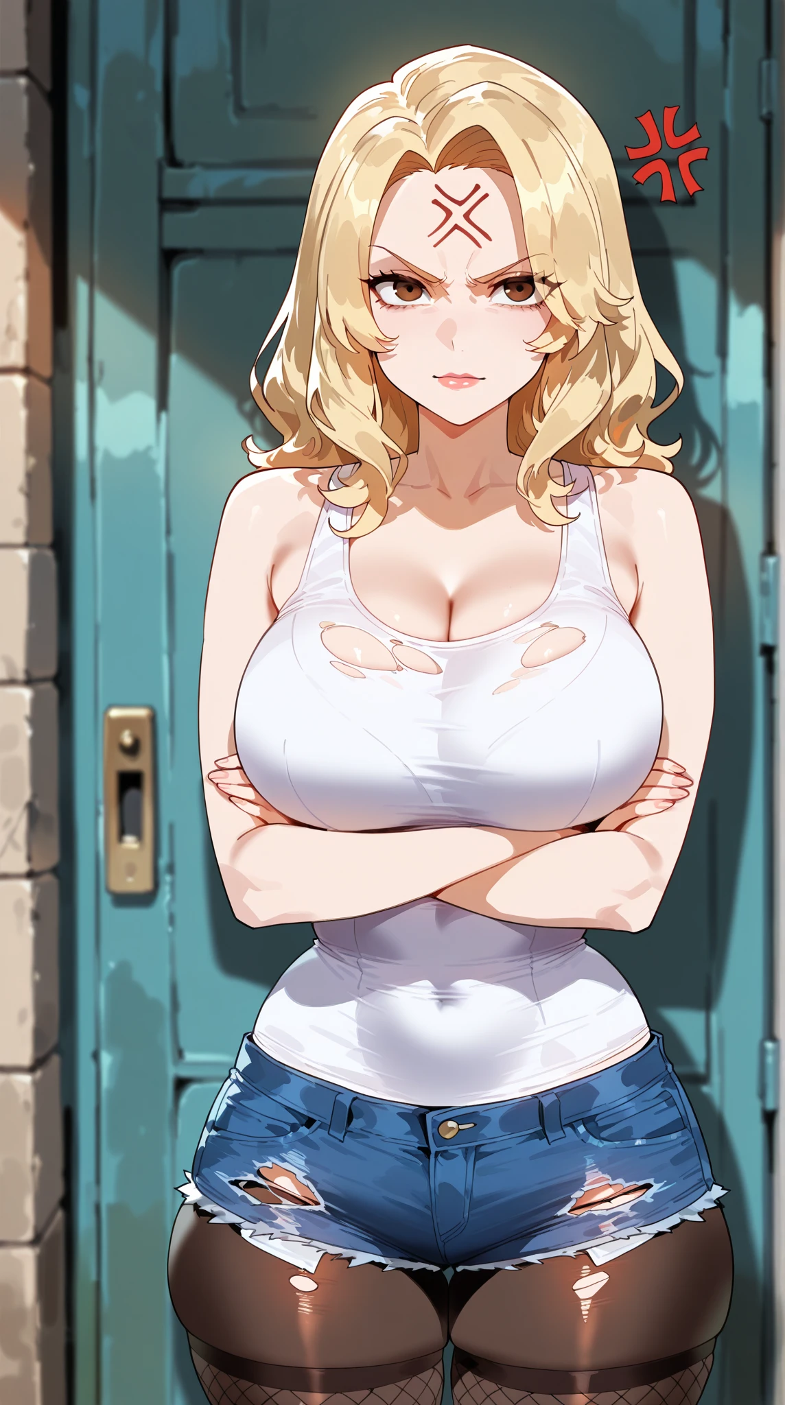 1girl, gigantic breasts,dark skin,short hair,white shirt,cleavage,blonde hair,smirk,choker,pleated skirt, background,thighhighs, gyaru