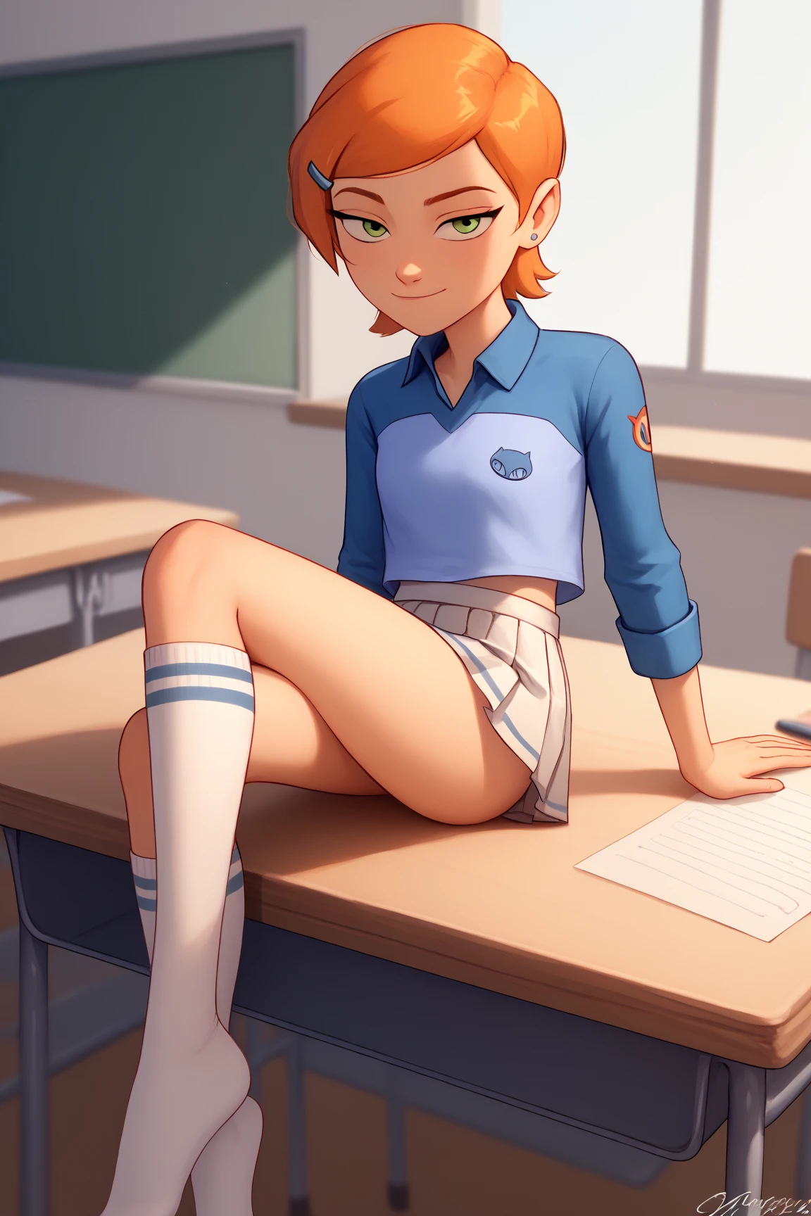 score_9, score_8_up, score_7_up, 1 girl, solo, looking on viewer, Jessica, orange hair, hairband, short hair, purple skirt skirt, blue shirt, black pupils, full body, shy, sitting by desk, in classroom, light smile, cameltoe, blush, white panties,