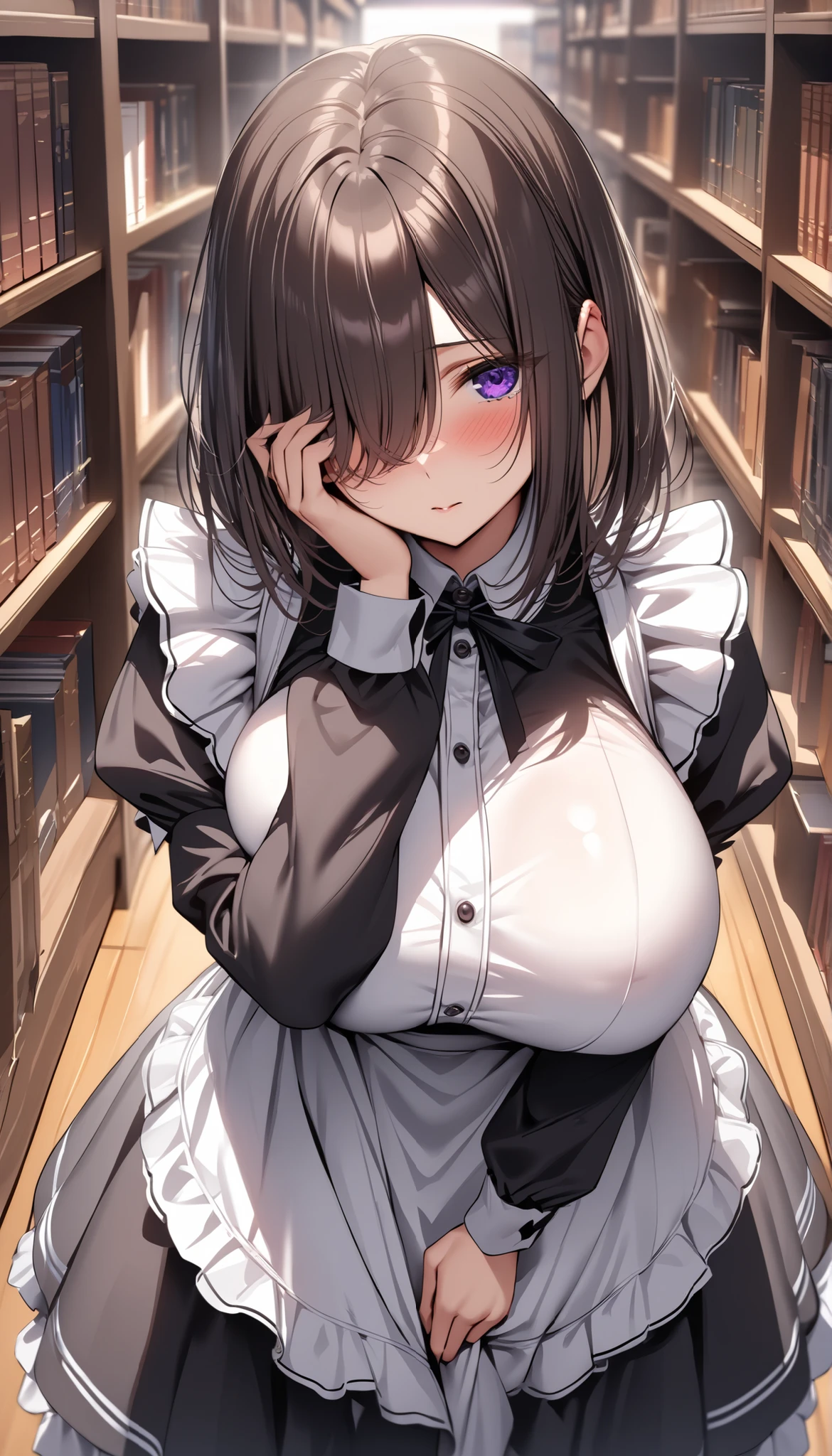 (masterpiece, Highest quality:1.2), (1girl), alone, ((medium hair)), ((dark brown hair)), ((straight hair)) ,((hair over face)), (hair over one eye), (hair over right eye), bloom, (black maid dress),long sleeves, white apron ,detailed eyes,(purple eyes), (huge breast), library, blush, pov