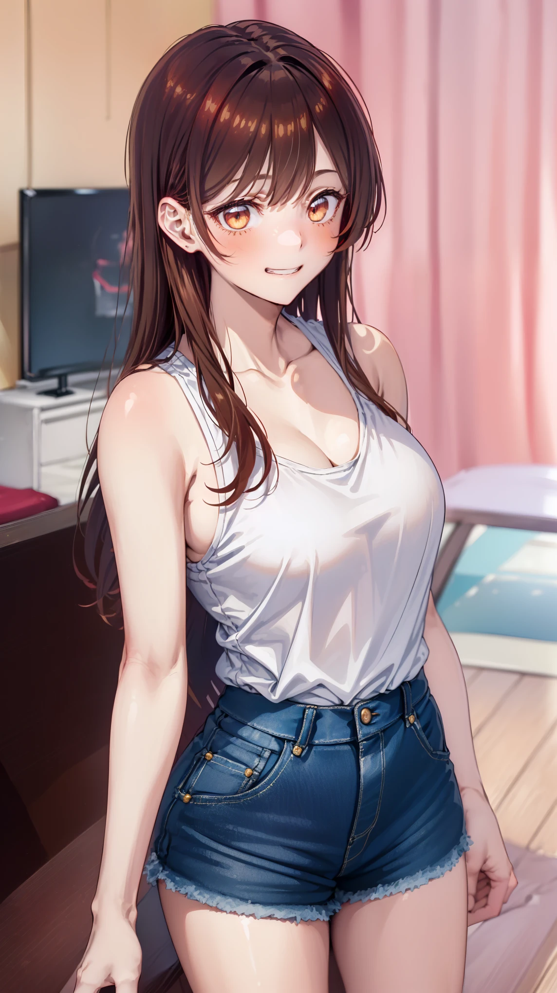 壁,(((視聴者を見る:1.7))),tooth smile:1.4,((bright red and light yellow and gradation eyes:1.4)),grin:1.4,side boob:1.5,looking away:1.4