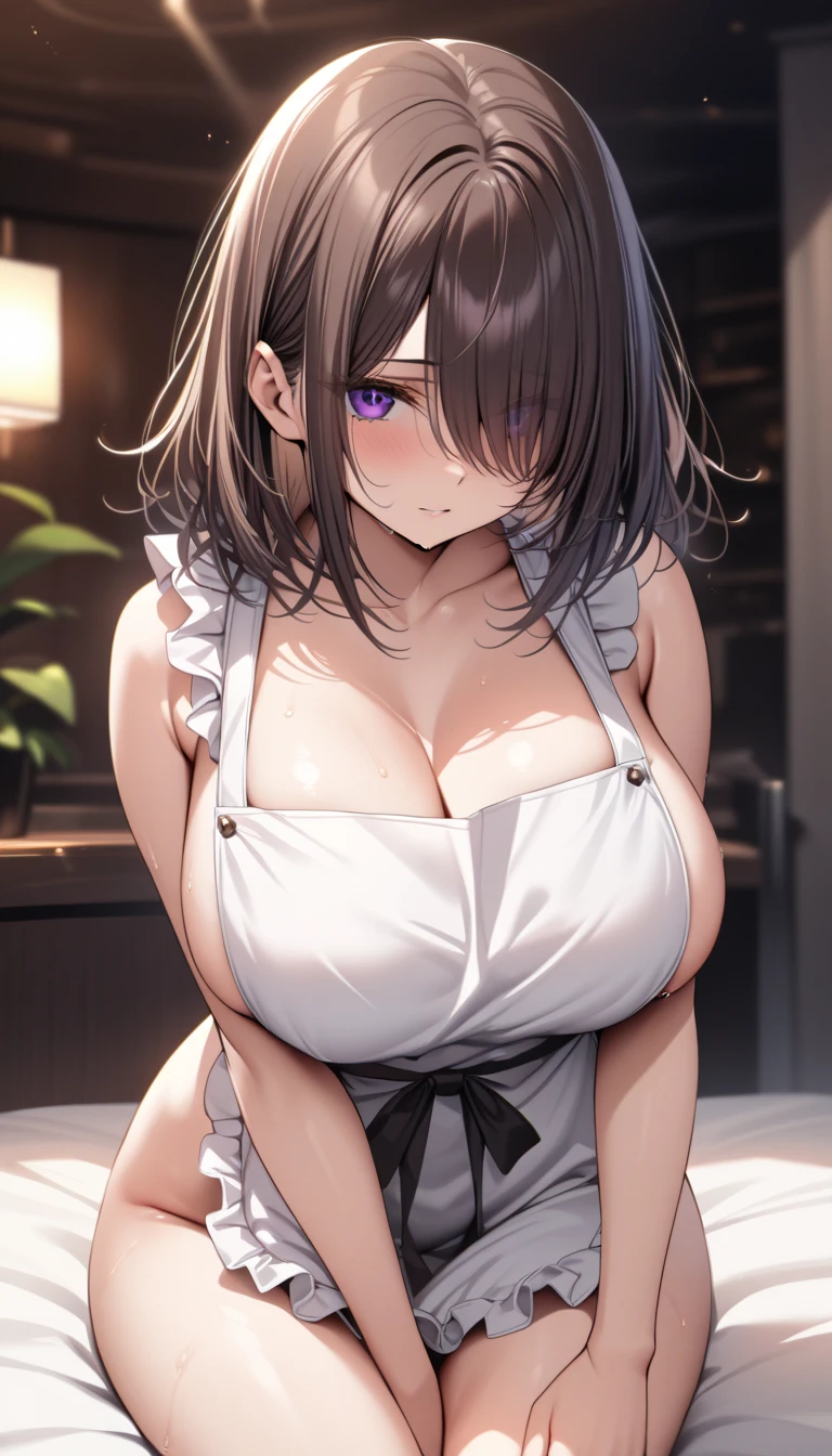 (nsfw:1.3), (perfect anatomy, balanced proportions, extremely cute illustration:1.1), bedroom, arms behind head, armpits, (embarrassed, crying hard), squatting, spread legs, pantyhose, (sleeveless maid), baby face, cute round face, dark skin, brown hair, purple eyes, medium hair, ahoge, side braid, hair bow