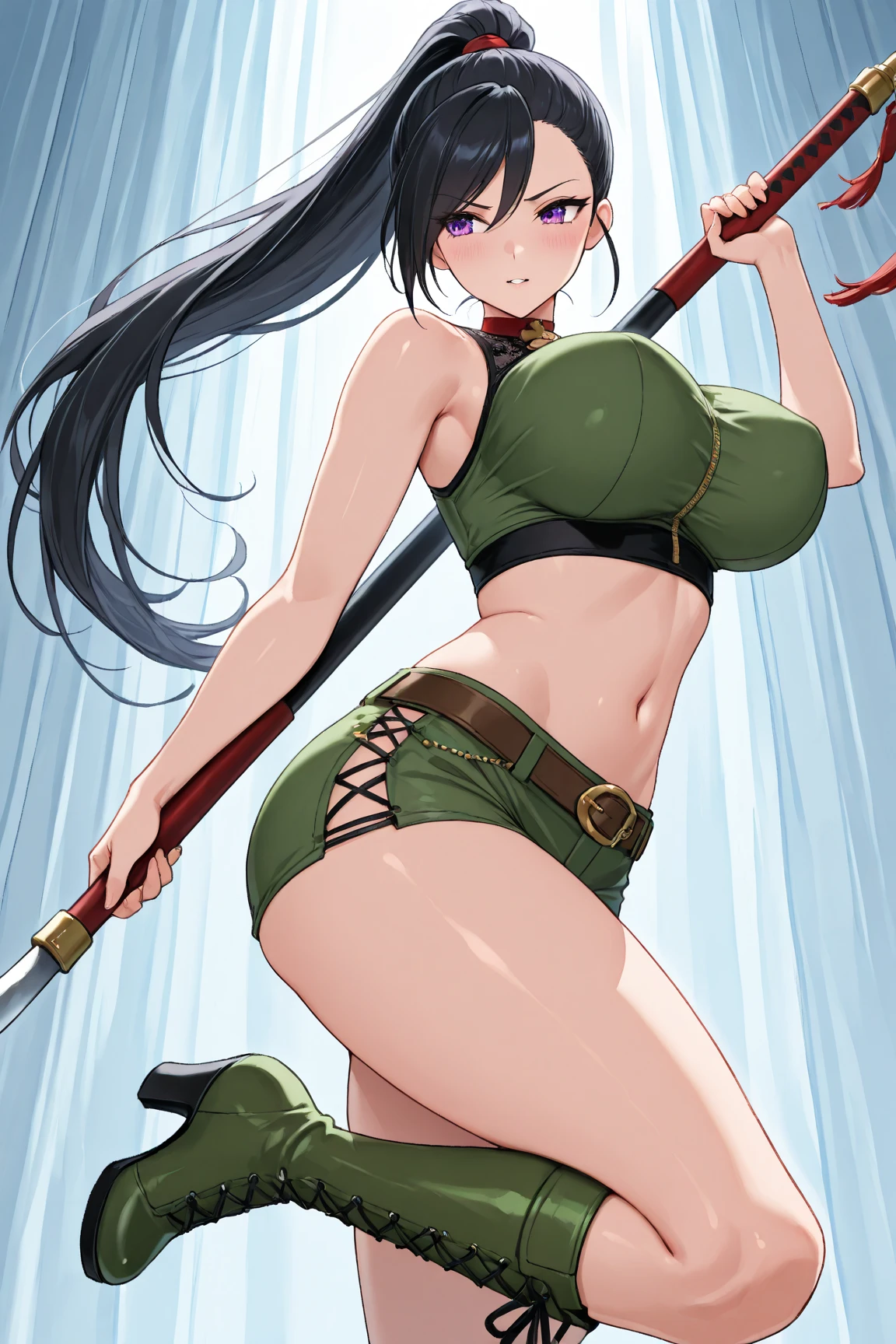 Big Breasts、Holding a kunai、Long black hair、Low Ponytail、In combat、Female Ninja、Mission accomplished、Glaring、in the forest、High leg、Horizontal angle、From below、Looking to the side