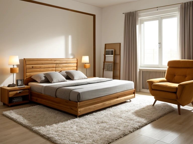 There was a bed with a white quilt and a wooden table, cream - colored room, White bed, cream and white color scheme, Bed room, clean and pristine design, serene and peaceful style, natural light in room, clean minimalist design, gentle ambient lighting, Warm ambient light, beige color scheme, photo realistic style, beautifully soft lit, light cream and white colors