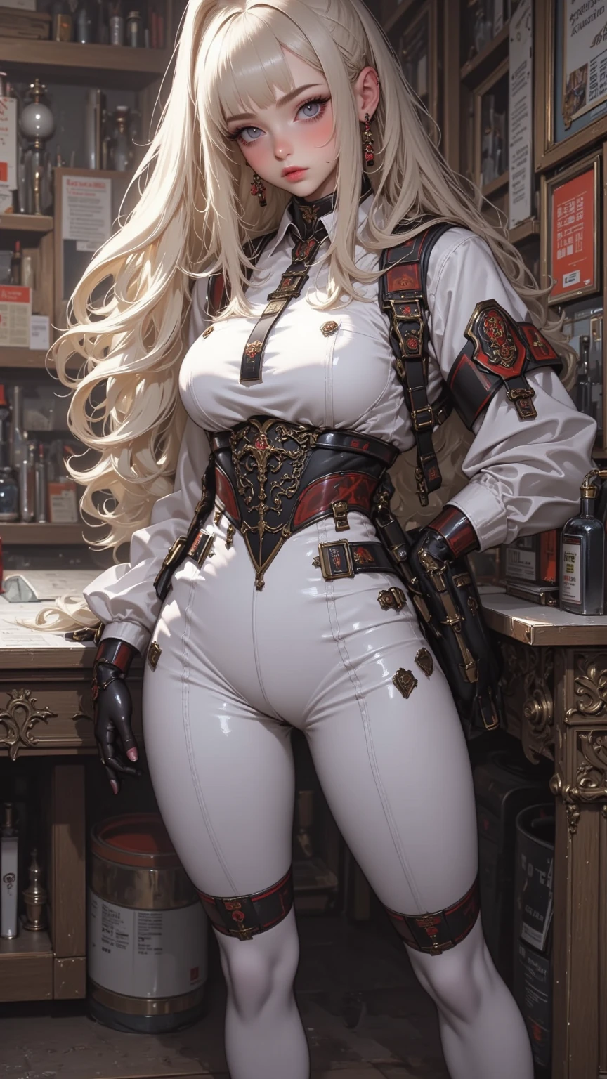 (Masterpiece, masterpiece, extremely detailed and precise).
A woman wearing a tight full-body latex suit. A white latex suit that tightens your body. BDSM. Plump body. Her huge breasts and huge ass are emphasized.
Protruding nipples. Crotch crack. Iron shackles on wrists and ankles. Long silver hair, bright red lips, and an obscene smile.
(Metal chastity belt:2.0).
A lot of machinery lined up in the background. nsfw