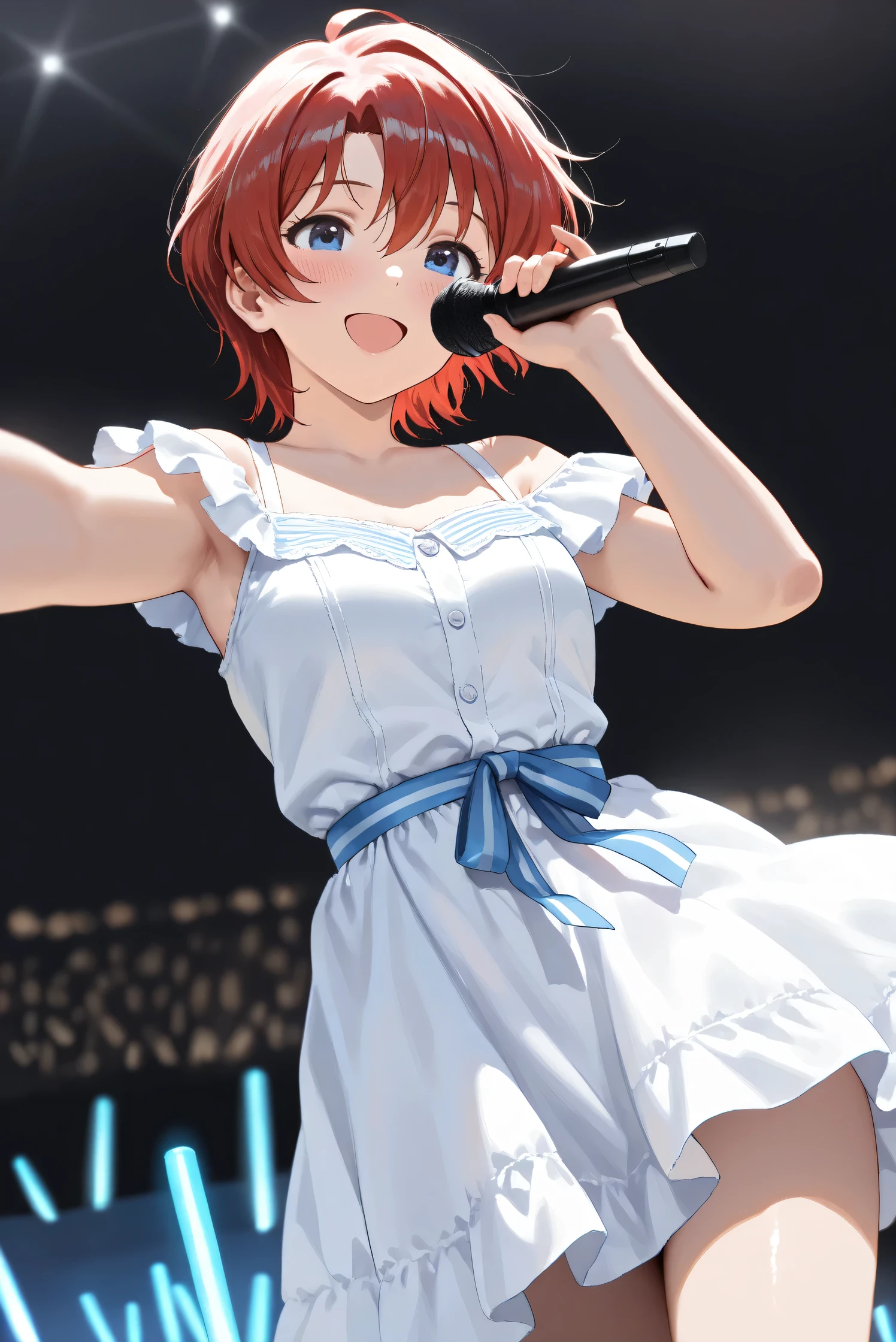 score_9, score_8_superior, score_7_superior, score_6_superior, sauce_anime, One person, Honoka Kousaka, lovelive!, score_9, score_8_superior, score_7_superior, score_6_superior, sauce_anime, blue eyes, Orange Hair, Medium chest, Side Ponytail, Medium Hair, Idol, Dancing energetically,Holding a microphone, noon, μsのIdolドレス, loveliveのIdol衣装, stage, Outdoor, sunlight, Idolコスチューム, White panties, Panties with ruffled edges, Panty shot, alone, A big flip-up dress, skirt, smile