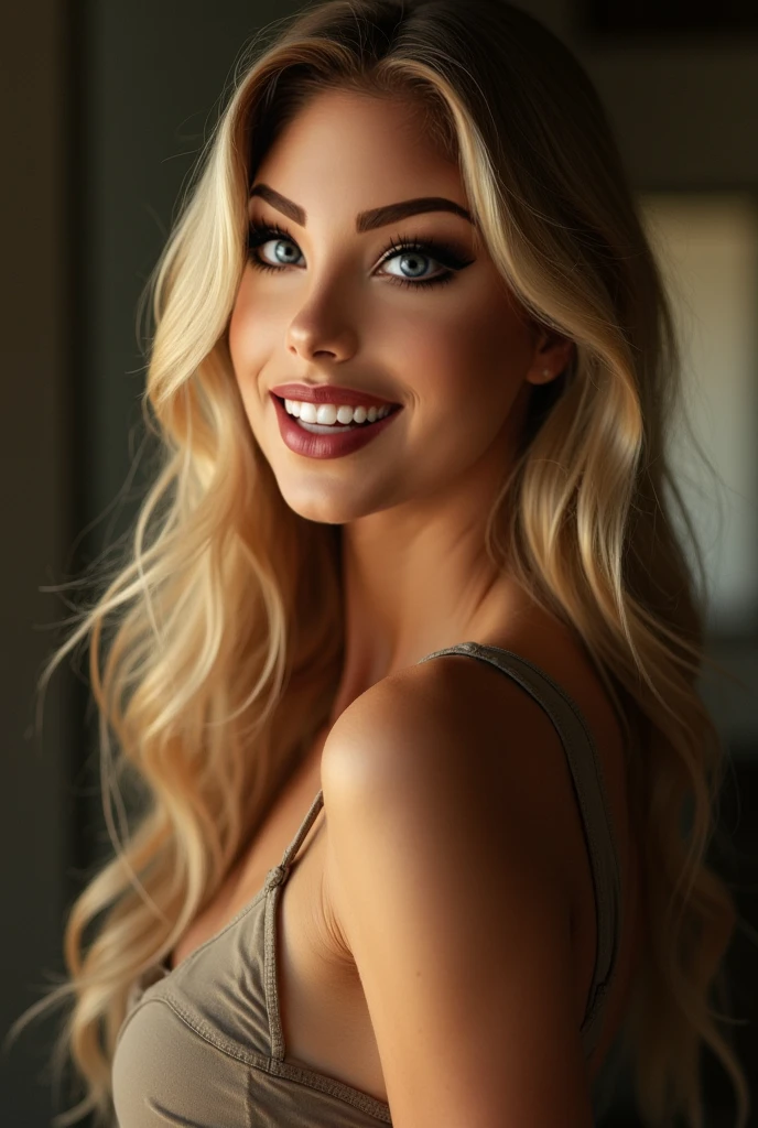 8 K, (masterpiece,best quality:1.2), high resolution:.5k:0.5 ultra high quality:0.5, photo realistic,best quality,(raw photo:1.2),Ultra detailed, Realistic full body portrait, 1 Beautiful cute blonde girl, perpect anatomy, chica sexy, very big breasts, narrow waist, beautiful legs, large braid of long blonde hair over her right shoulder, big smile (shows white teeth and a lively red tongue),full lips,Look at the camera, beautifully contrasting lighting, The goddess, bathed in golden light, women, choker around the neck, big rims , detailed eyes and face, big beautiful deep blue eyes bright and detailed, beautiful detailed red lips, extremely detailed eyes and face, short black latex skirt, lace top, high heels shoes, dress and pantyhose,bzlizzie