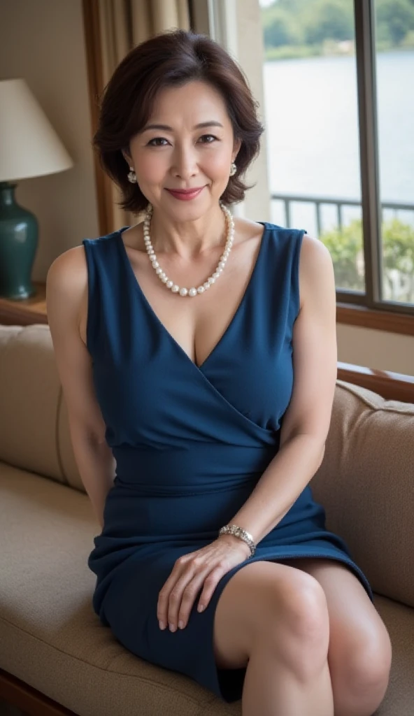 (masterpiece, highest quality), japanese mature, (alone), 60 years old, (wrinkles around the eyes:1.45), (Nasolabial fold at the mouth:1.3), big breasts, mature woman, Glamour, Sexy, pure white skin, looking at the viewer、(((super big breasts:1.28)))、long hair、small diamond necklace、earrings、(((blue satin party dress)))、high heels、smile、Public place、cross your legs、sit on a chair、full body photo、