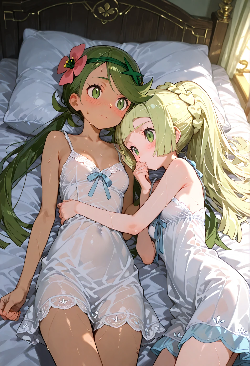 NSFW,((One Man and One Woman,Having sex)),Woman on top,idolmaster,Sakurai Momoka,tiny girl,Lori,short blonde hair,(Beautiful green eyes), small tits,Green Idol Costume,Red roses on the head,Smile with open mouth,Top image quality,Best Quality