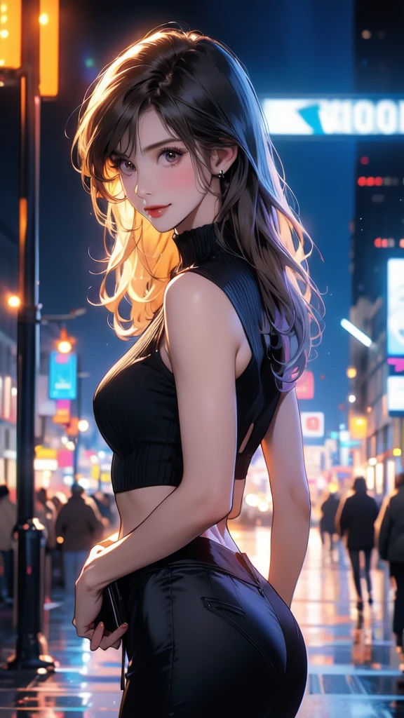 realistic, 1girl, black hair, blue eyes, glowing eyes, detailed eyes, crop top, skirt, blush,parted lips, night, flowers