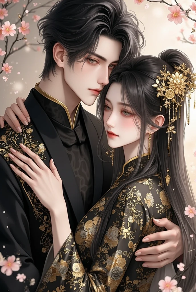 ภาพอาราฟของคู่รักinชุดกิโมโน, Inspiration from Zhang Han, in the art style of boinater, High quality fan art, By Yang J, cute couple, Official fan art, inspired by Huang Gonginang, Inspiration from Guan Tao Sheng, inearing a black noble suit, artinork in the style of z.in. to