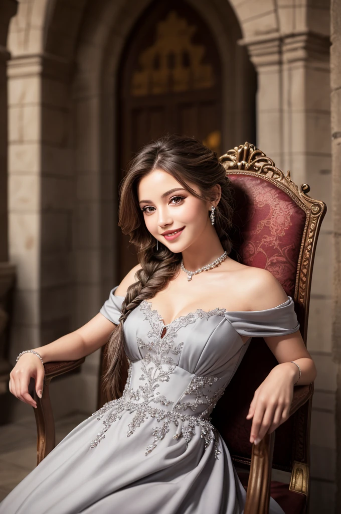 r3myl4cr01x, smirk, queen, off shoulder gown, royal dress, diamond crown, intricate diamond necklace, sitting on a royal throne<lora:add_detail:1> <lora:LowRA:0.3> <lora:r3myl4cr01x:0.6>
