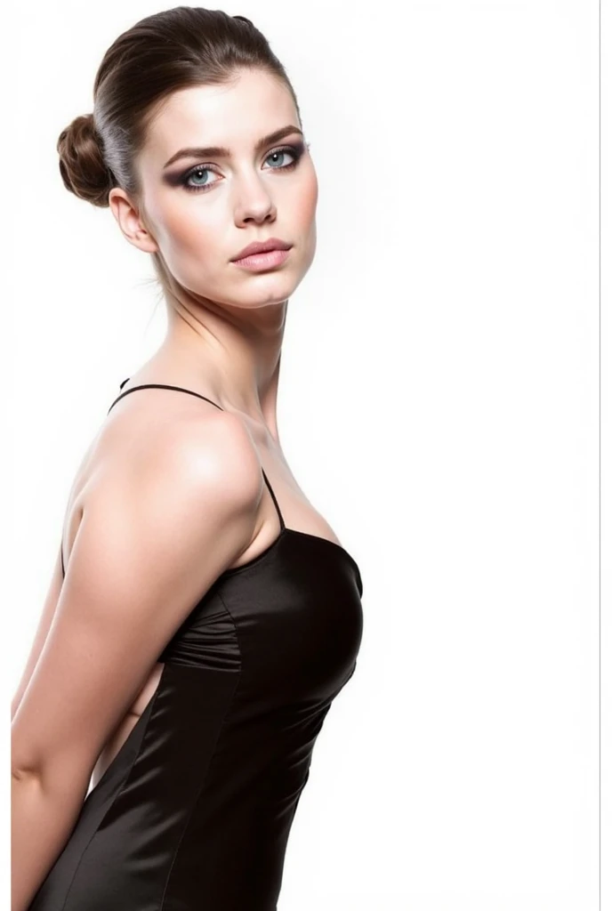 Gorgeous european woman with short hair, ponytail, wet hair, hair slicked back, combed straight back, slick hair, streaked blonde hair, seductive pose, natalie portman, dressed as a sexy jedi, cleavage, solid dark grey background