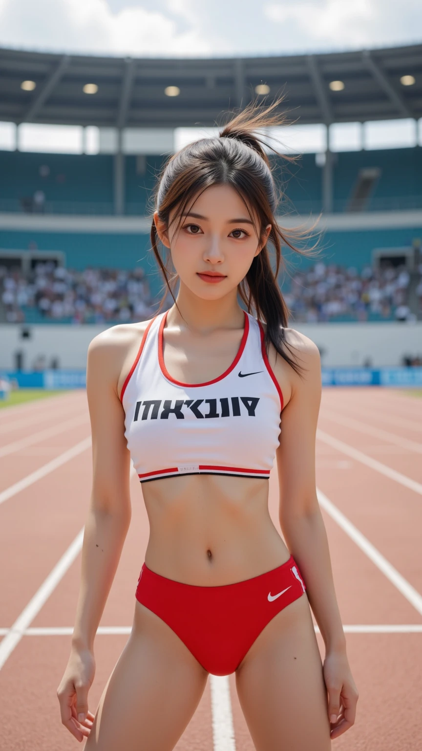 (((Sports, Short, Long, Running, Jogging, Marathon, Exercise, Athletics, Running, Running Posture, Running, Feeling of Galloping, Sweat, Sweat, Sweating Lots)))), ((Volley Uniform: 1.3, White, Red, Blue, Uniform: 1.3, Lower, Swaying, Hetero)), ((White, Red, Blue, Bloomers: 1.2, Low Rise)), (Athletics, Floating Hair NovaFrog Style, Floating Hair, Hair and Clothes That Flutter in the Wind, High School, Slender Abs: 1.2, Navel, Serious Look), (The shape of the pubic area is clearly visible)), Blushing, NSFW, 8k, RAW Photo: 1.2, (Best Quality: 1.4, Masterpiece: 1.4), Super Detail, Best Illustration, Ultra High Resolution, Portrait, Film Grain, 1girl, POV, Depth of Field, Photorealistic: 1.4, detailed hair, realistic hair, realistic lighting, realistic shadows, realistic clothing, realistic skin, natural skin texture, portrait: 0.6, light particles, lens flare, glowing particles: 0.6, bokeh: 1.2, clean: 1.8, professional lighting, photon mapping, radiosity, physically based rendering, incredibly absurd, Glossy skin, pale skin: 1.2, PureErosFace_v1: 0.7, fair skin: 1.1, round face: 1.5, mouth open, puffy eyes, purple eyes, double eyelids, egyosar: 1, floating hair, makeup, Japan girl, lovely thighs, shining thighs, shining legs