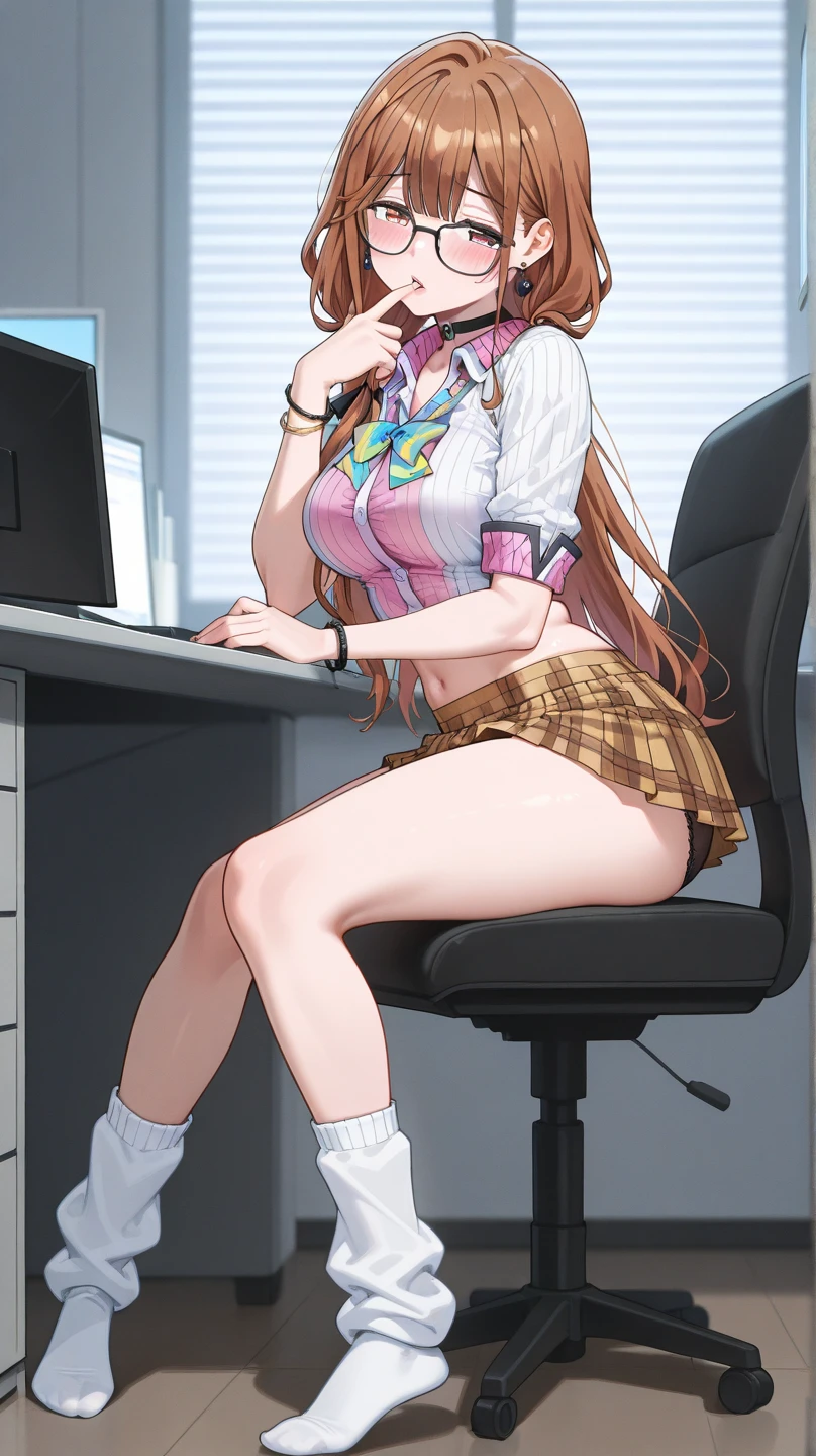 Chic ass, (Grab the ass:1.6), sitting on chair in front of desk, Check out us, Pink G string, Detailed thick G-line, (Long socks), double tails, Black and red high school girls' uniform, crass room, Check out us, Soft smile, Skirt, Random hair color, Smug face, Sitting, (barechested:1.3)