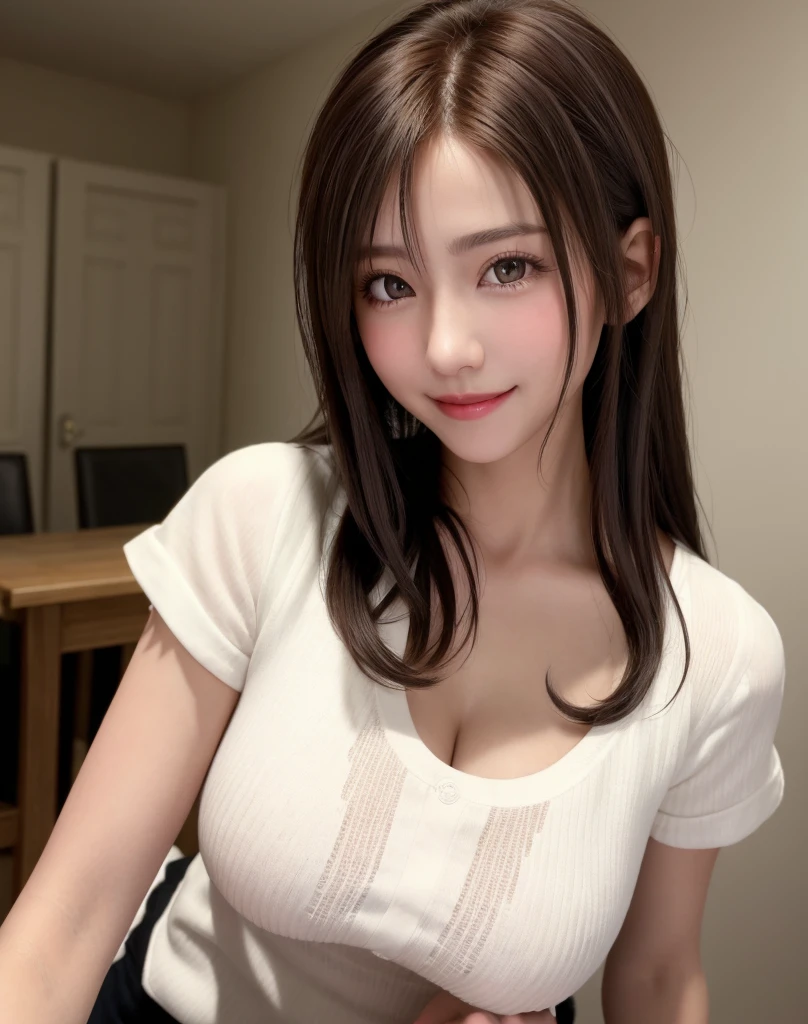 8K,Best Quality, masutepiece, 超A high resolution, (Photorealistic:1.4), Raw photo, (Authentic skin texture:1.3), (Film grain:1.3), (Selfie angle),1girl in, Bun hairstyle, Brown hair, Sitting, Chair, bored, Hand supporting chin, beautiful detailed eyes and face,masutepiece, Best Quality,close-up,upper bod,