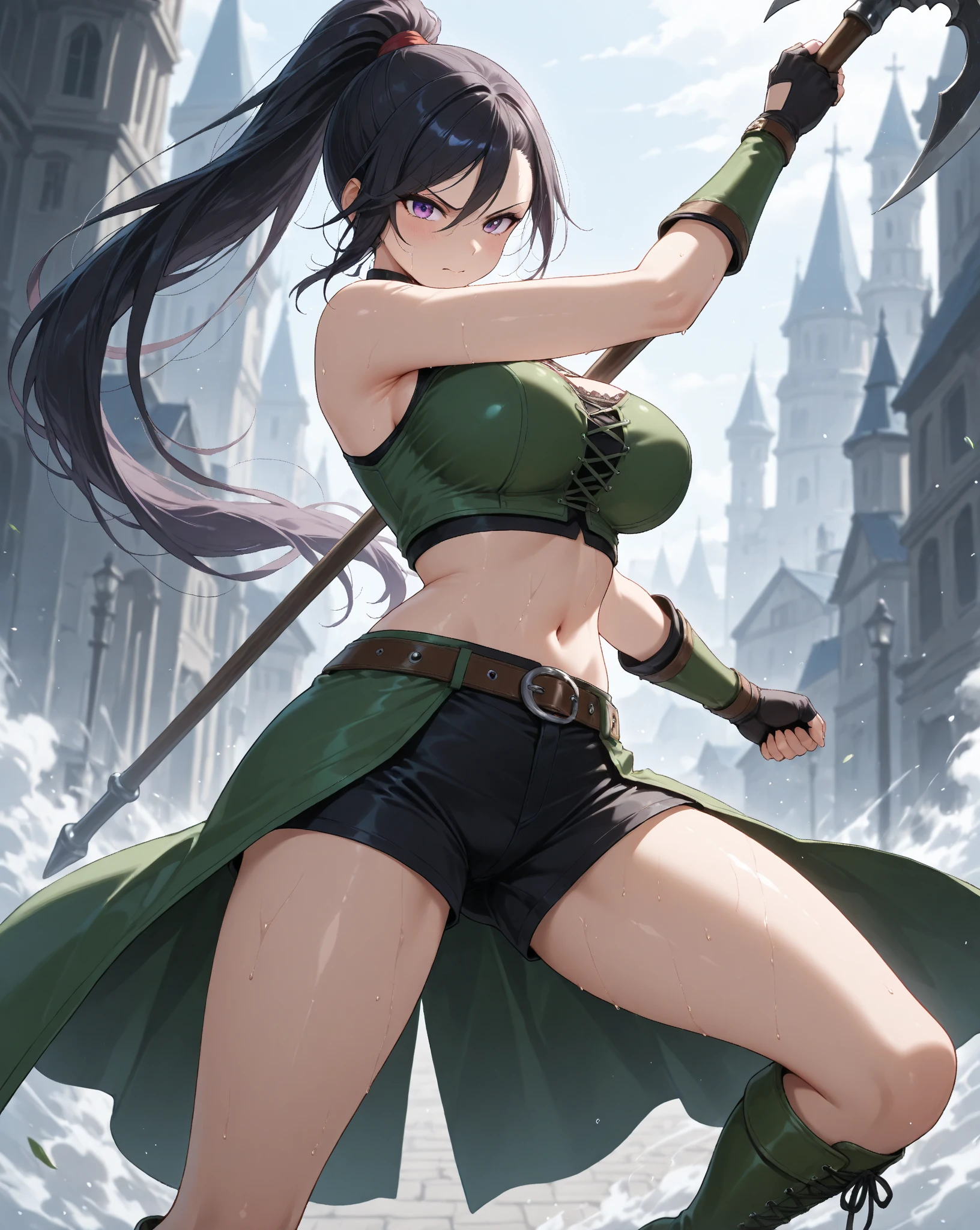 1girl, medium breasts, leotard, green leotard with red accents, sleeveless, midriff, bare legs, boots, matching boots, bracelets, mars backdrop, solo, single, standing, full body shot, cowboy shot, beautiful detailed eyes, black hair, medium hair, superhero, barbarian, using broad sword in hand