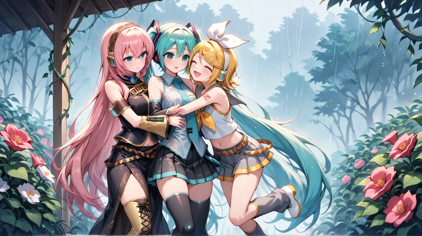 masterpiece, best quality, hyper detailed, 3girl, evil smiling, looking at viewerery,flat chest,blue hair,short twintails,middle hair,sky blue eyes,cute miniskirt,cute striped panty,cute high socks,cute shoes,smirk,pantyshot,
1girl, evil smiling, looking at viewer,flat chest,small breasts,pink hair,twintails,middle hair,pink eyes,with star-shaped eyes,
2girl, evil smiling, looking at viewer,yellow hair,twintails,middle hair,yellow eyes,with star-shaped eyes,