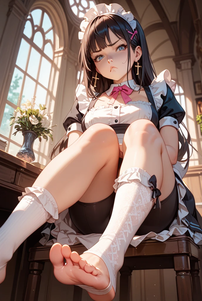 high quality, detailed, 1girl, loli, infant, 10 years old, flat breast, (bare pussy:1.4), masturbation, (hand touching pussy:1.4), naked, uncensored, maid, black hair, long hair, deep purple eyes, ashamed, blush, sitting, on table, split legs, hand touching pussy, in cafe, from below