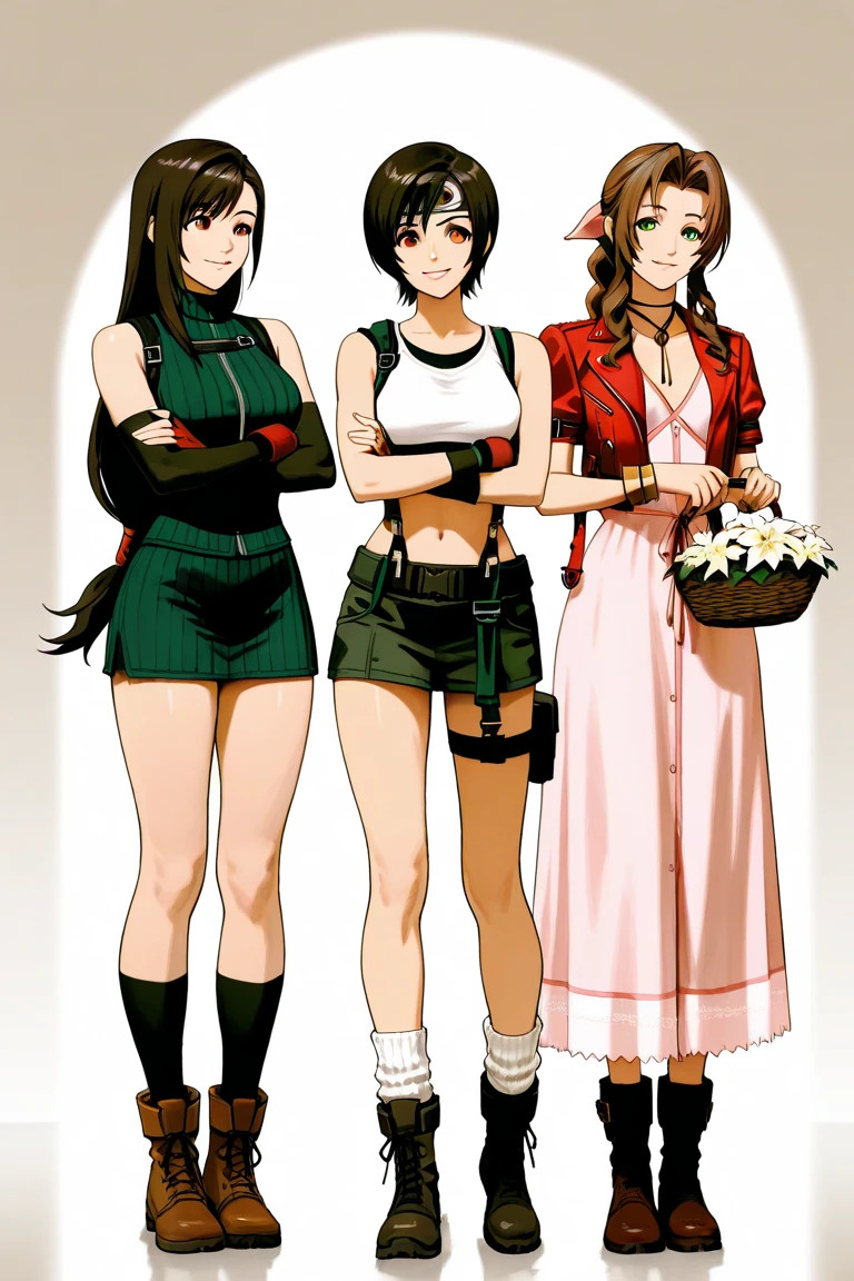 <lora:revyBalalaikaRoberta_v20:1>,3 people,
roberta,black lagoon,
full body,
1girl,black hair,twin braids,braid,maid headdress,bangs,glasses,purple eyes,breasts,black shirt,frills,long sleeves,cross necklace,apron,white gloves,(very long skirt:1.2),
black footwear,mary janes,
expressionless,
ADDCOL,3 people,
revy,black lagoon,
full body,
1girl,ponytail,brown hair,brown eyes,black tattoo,black tank top,breasts,shoulder holster,fingerless gloves,navel,belt,denim short pants,
boots,
smirk,
ADDCOL,3 people,
Balalaika,black lagoon,
full body,
1woman,long hair,blonde hair,green eyes,burn scar on face,mole under eye,red skirt suit,breasts,scar,pencil skirt,
pantyhose,high heels,
looking down,