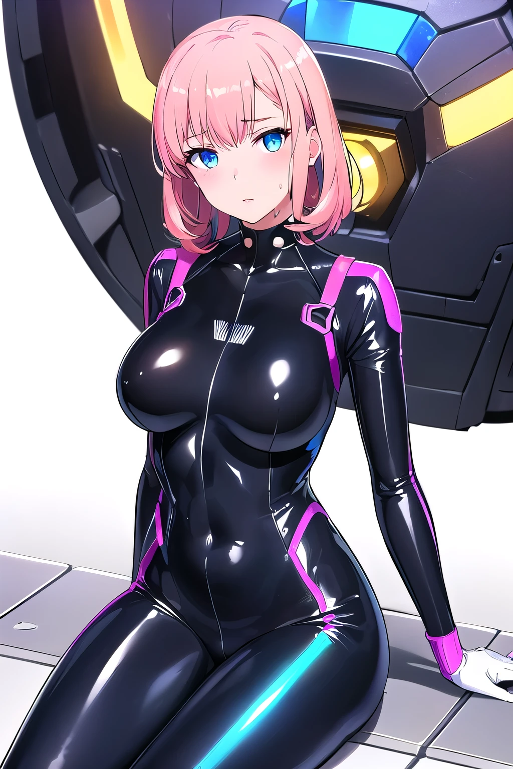 SFW (masterpiece, best quality,4k) a youthful adult woman with short pastel pink hair (short hair, loose, straight bob, long bangs), turquoise eyes, (sexy face), porcelain skin, aboard a spaceship, space, stars, futuristic clothes, (tight bodysuit under clothes, black bodysuit, full bodysuit), (cropped jacket, white jacket, big sleeves, large sleevels, puffy sleeves), (pencil miniskirt, tight miniskirt, white miniskirt), (belts, pouches, harness), operative, rogue, mage, ((large breasts, big breasts, round breasts, pushup)), ((slim)), small smile, head-to-waist portrait, cinematics, color oil painting, cinematic lighting, extremely detailed face, finely detailed face, beautiful face, beautiful eyes, perfect lighting, depth of field, (realistic proportions), (good anatomy), (solo), (1girl)