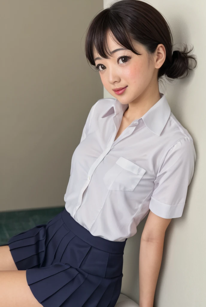masterpiece, Highest quality, Beautiful mature woman、 ((Two women in their 60s))、Chubby、 Very embarrassed look、 uniform、((Her panties are visible under her skirt))、((Sheer white shirt))、Navy blue ribbon on collar、Dark blue pleated micro mini、Please show me your whole body、((Puffy Panties))、White Sox、((Lift the hem of a skirt、Lift the hem of a skirt with both hands、Lift the hem of a skirt yourself,、Show your little panties to the camera))、Are standing、Bedroom