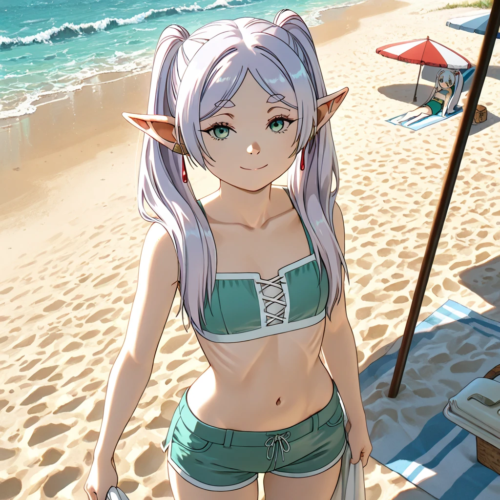 1girl, bikini, side-tie panties, striped bikini, tan, long hair,, masterpiece, best quality, highly detailed,masterpiece, best quality,show breasts, front view, beach on the background, highly detailed, 1girl,solo,elf,white hair,grey hair,earrings,pointy ears,long hair,ponytail,green eyes,twintails,parted bangs,thick eyebrows,