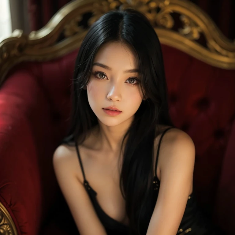 Best-quality, Masterpiece, Ultra-High-Resolution, (Photorealistic:1.4), Raw-Photo, 1girl, the most famous Japanese actress, wearing luxury-clothes, extremely beautiful big-black-eyes, extremely hot face, extremely beautiful hair, extremely beautiful long-eyelashes, extremely beautiful lips, extremely beautiful skins, looking at viewer, sitting on luxury-chair, sexy-pose, detailed beautiful-big-black-eyes, detailed hot-face, detailed luxury-chair, detailed luxury-clothes, detailed beautiful-hair, detailed beautiful-skins, detailed beautiful-long-eyelashes, detailed beautiful-lips, detailed sexy-pose