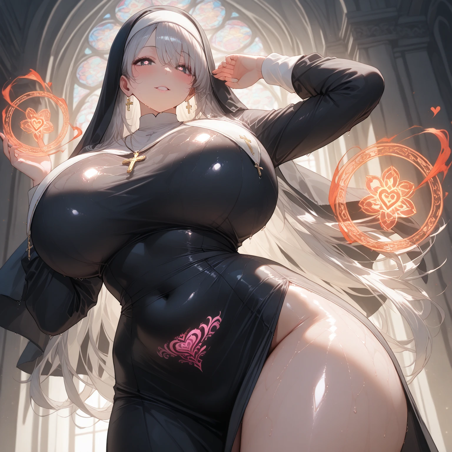 score_9, score_8_up, score_7_up, score_6_up, score_5_up, score_4_up, solo, necromancer lady, white hair, long fluffy side locks, hair tubes, big thick full lips, ((pouted lips)), ((mature woman)), ((NSFW)), sexy, gold bracelets and necklaces, ((body jewelry)), topless, (((hooded cloak))), tattered black cloak, tattered pelvic black curtain, ((blindfold)), pelvic curtain, sandals, (((gigantic breasts))), ((sagging breasts)), big nipples, wide hips, thick thighs, intricate details, detailed background, sharp focus, ((underground tomb)), ((dark souls mixed with final fantasy style)), mist fog, gravestones, dynamic, expressive, bleak world, (((close up shot))), floating ghastly ghosts, (((side profile view)))