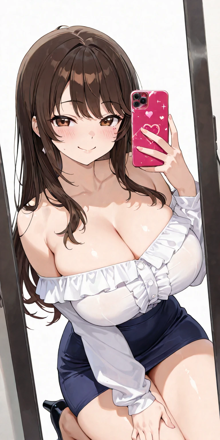 (Best quality, 8k, 32k, Masterpiece, UHD:1.2), kizuna ai, huge breasts,long hair, brown hair, multicolored hair, hair tied, pink hairband, pink highlights, streaked hair, smiling, mirror selfie, jean shorts, black bra, through clothes, navel piercing, tattoo on stomach