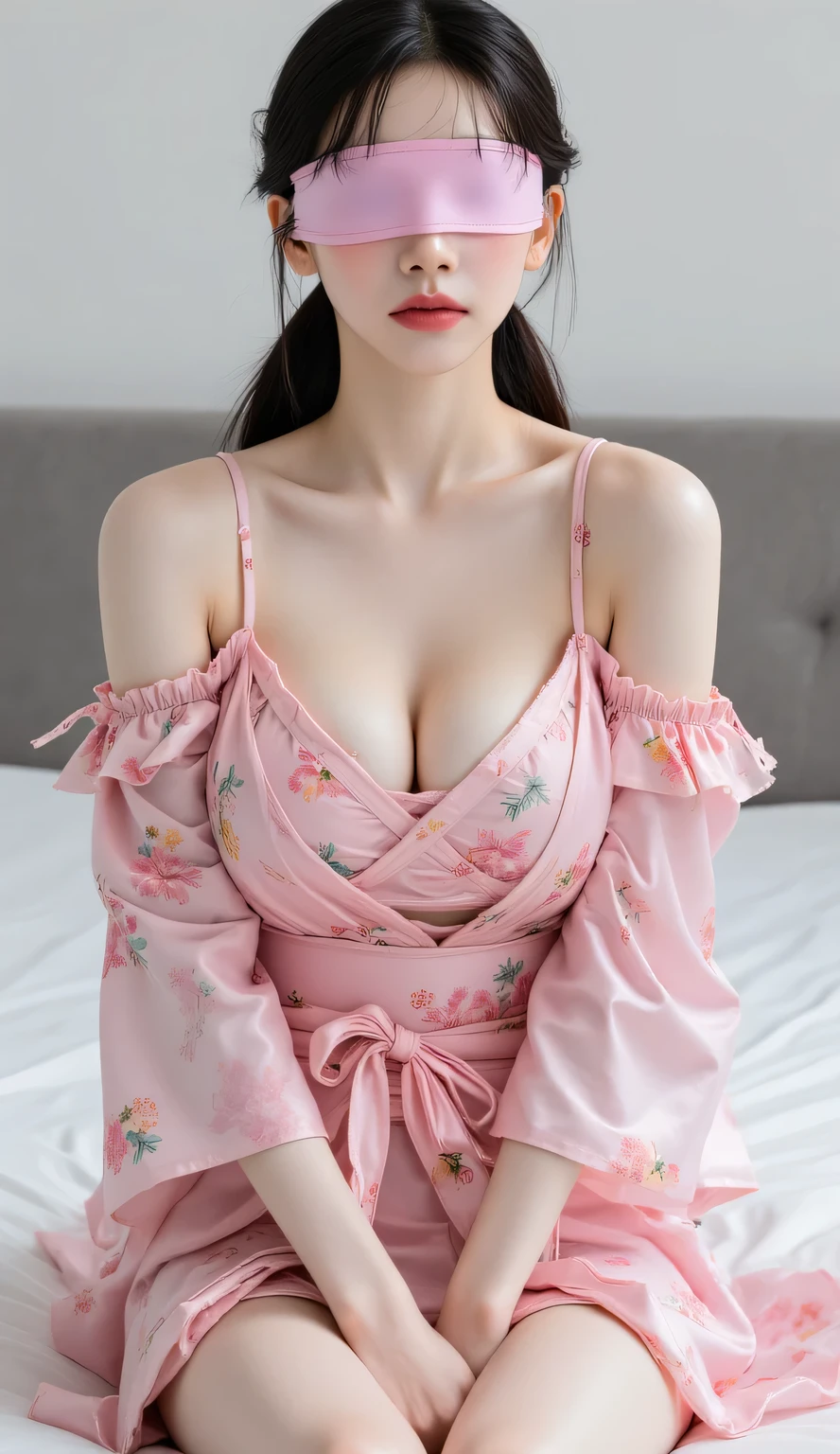 1 beautiful girl, Beautiful girl of the highest grade, Open mouth slightly, Realistic, extremely detailed CG unified 8k wallpaper, ighly detailed, High-definition raw color photos, professional photograpy, Realistic portrait, Cinematic Light, Beautiful detailed, (Naked:1.5), small and perky breasts breasts, (cleavage of the breast:1.2), Bare shoulders, (Floral yukata with wide open chest:1.5), indoors, Lying on her back in bed, Staring at me, (from above:1.5), ,(Best Quality:1.4), Super Detail, High quality, masutepiece