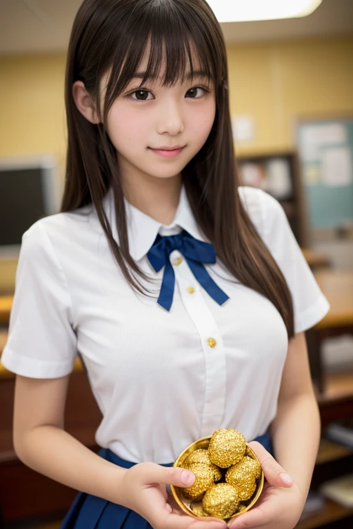 Highest quality、Highest quality、Highest pixels、Brown Hair、long hair、masterpiece、.Big breasted、See details. Ultra-high resolution. Japanese、One young woman、uniform、high school student、high school girl、mini skirt、Real、Realistic、smile
