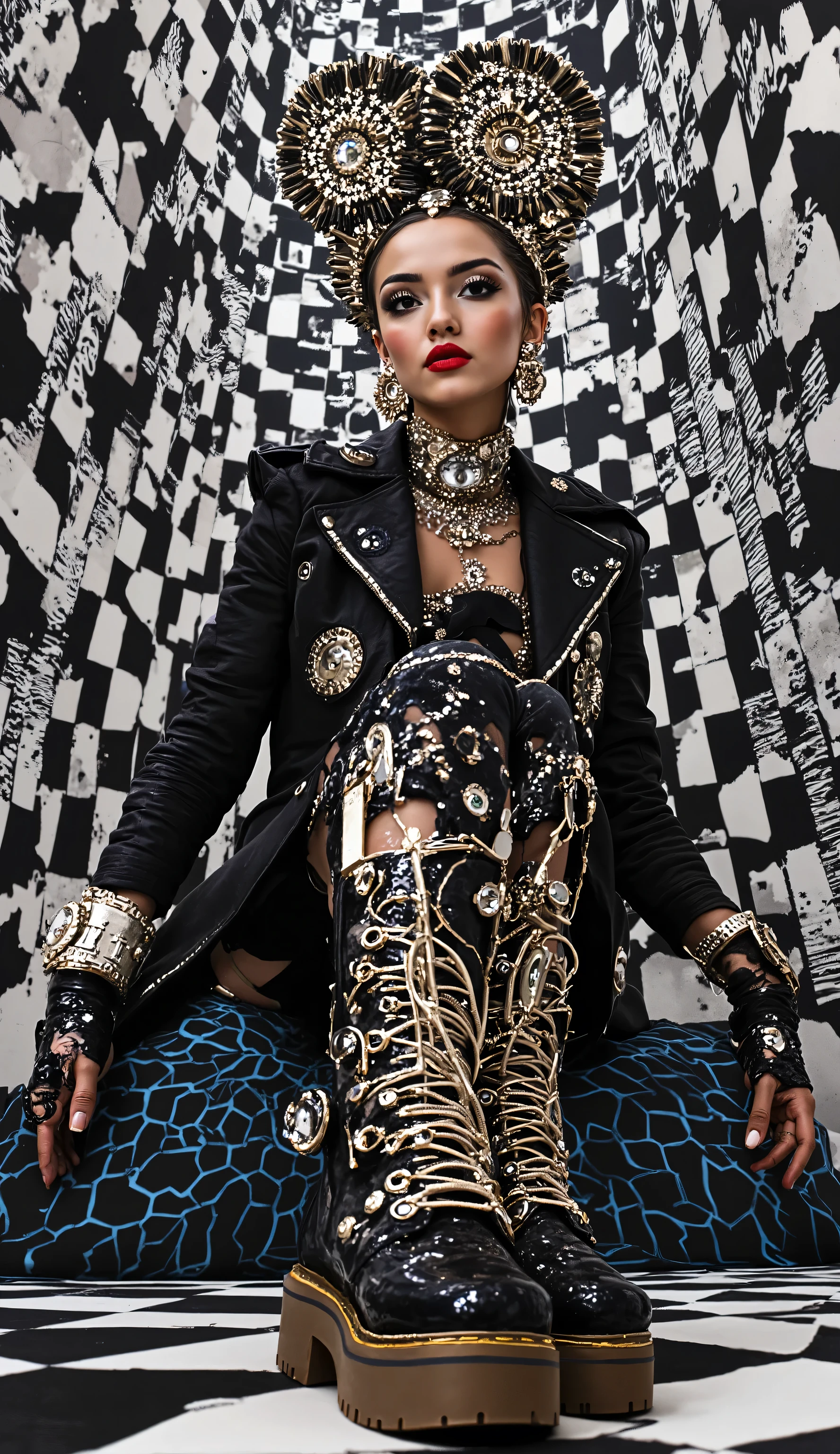 In an environment like a checkerboard A surreal work that represents a seated Nordic fashion model. The beautiful punk metal woman wears black leather clothing and spikes with platform boots that combine intricate details with abstract and geometric shapes, It integrates seamlessly into the environment. Their heads have、 circular eyes and openings scattered throughout the scene, with complex, with a surrealistic structure. The person wears black and white striped clothing that combines intricate details with abstract and geometric shapes, The background has a kaleidoscopic effect with black and white patterns . The general environment in their heads is dreamy , that turns the uterus upside down ."