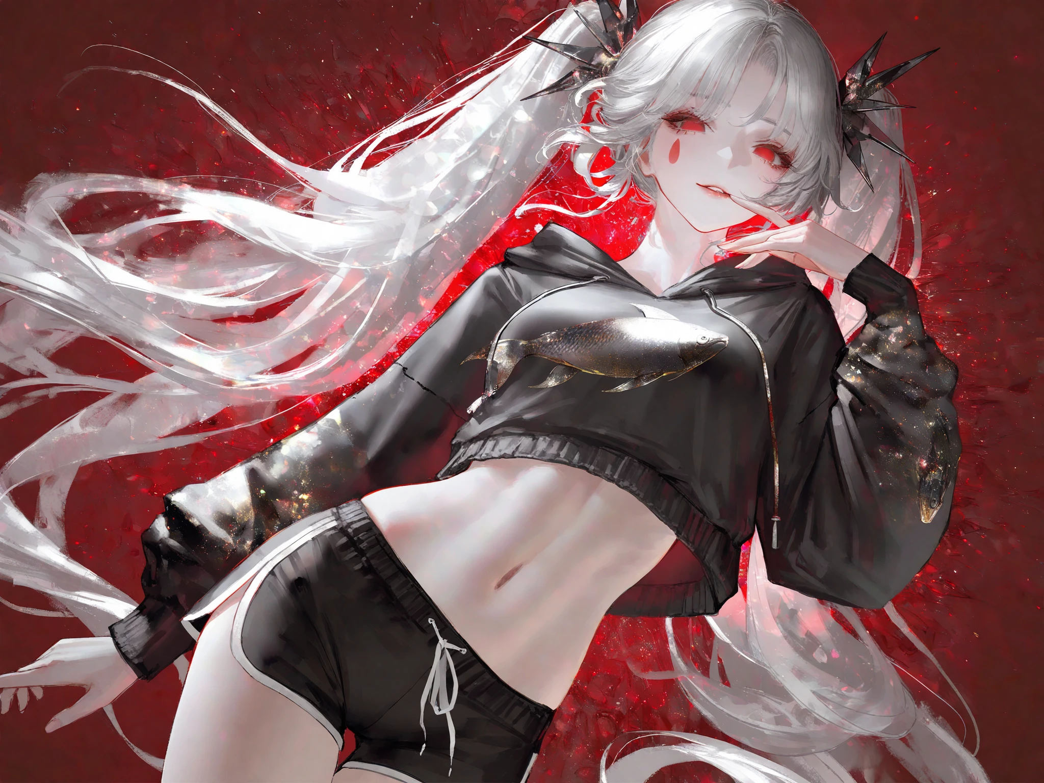 ((Long Straight Silver hair)), Perfect face, Choker, Punk earrings, ((Tall)), ((High Quality)), Necklace, ((Mature)), Pretty Eyes, Sharp Nails, Bangs, ((1 Girl)), ((Multiple Earrings)), 1 girl, Spiky Earrings, Adult, Spiked Collar, Thin Eyelashes, Black Background, Red Colors in Background, Vampire Girl, Long Tail, Large Tail, Massive Tail, Shark Tail, ((Jean Shorts)), ((Long Sleeve Crop Top)), Close Up, Very Short Mini Skirt, Tall, Long Legs, Dynamic Pose, Black Tail, 2 moles under left eye, Pantyhose, Vibrant Colors, Close Up, Sexy, Suggestive, Sexually Suggestive,